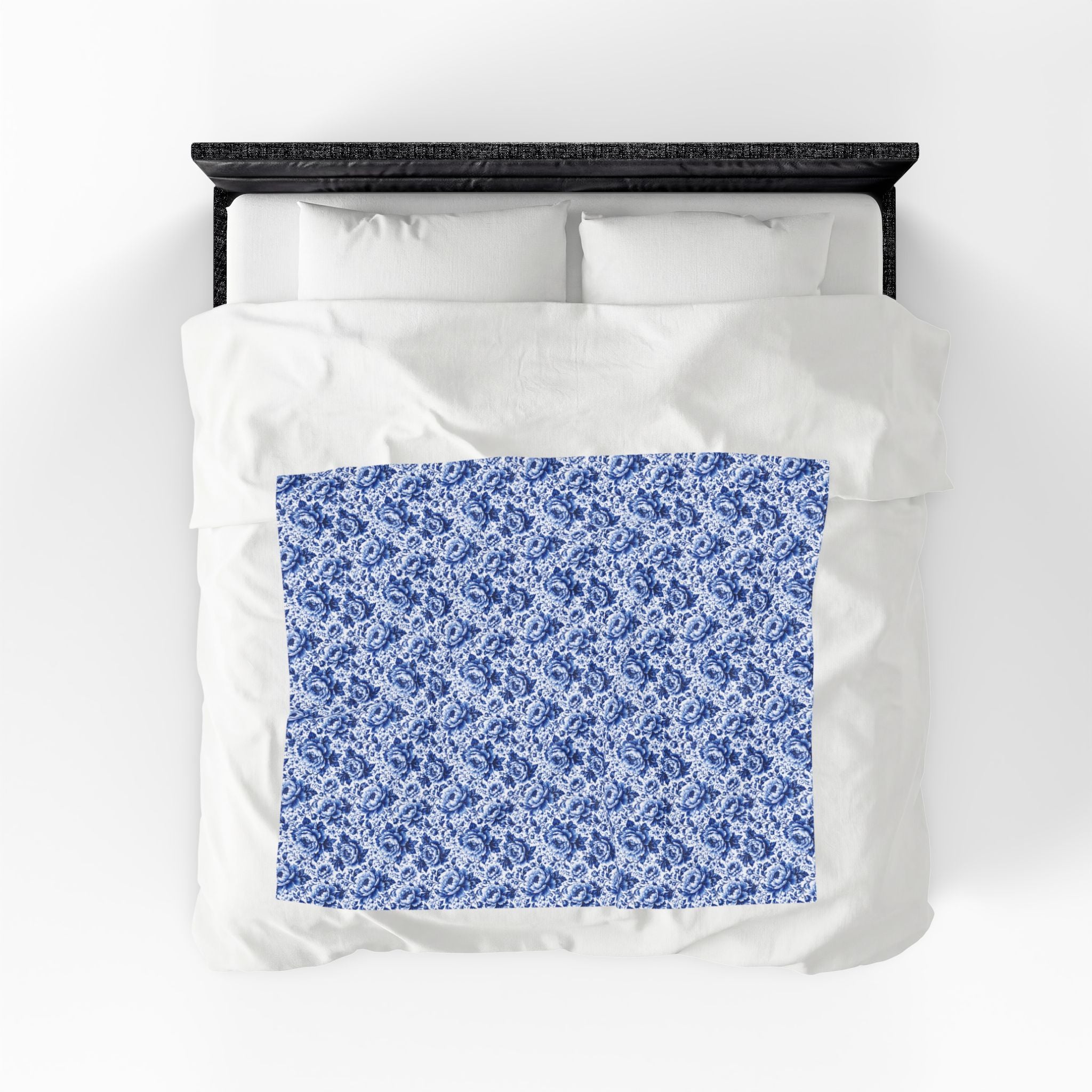 Blue Floral Velveteen Plush Blanket Soft Vintage Rose Throw Blue & White Chinoiserie Peony Elegant Floral Throw