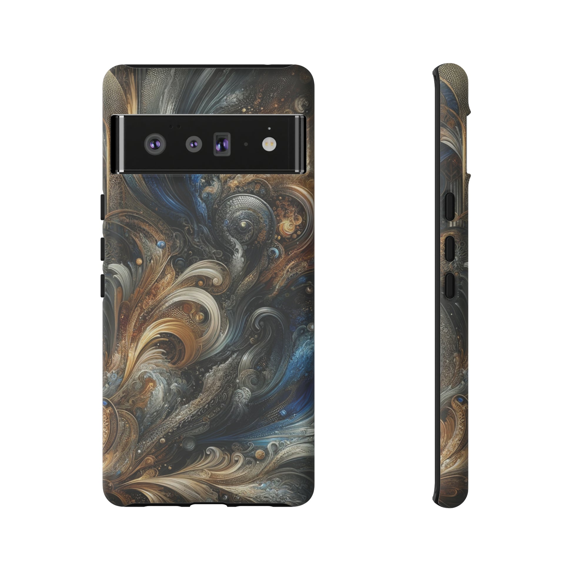 Gold and Navy Art Design Luxury Phone Tough Case Floral Elegant Durable Stylish for Modern Devices iPhone 15, Samsung iPhone Samsung Accessory Gift for Her.