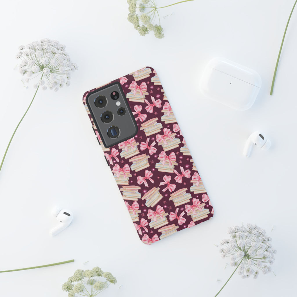 Coquette Pink Bows & Books Phone Case for iPhone 17 and Samsung, Pixel | Stylish Protective Cover Gift for Her Perfect for Floral Lover