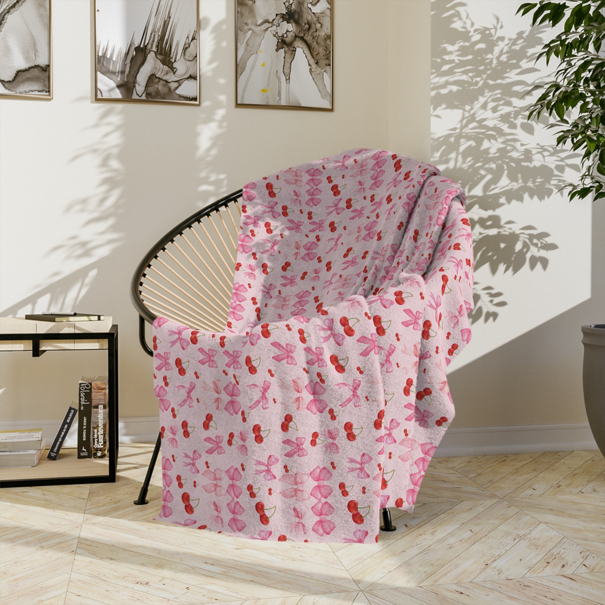 Minky Blanket Coquette Cherry Ribbon Bows Design in Luxurious 100% Polyester Cozy Comfort Throw Ultra-Soft Microfiber Comfort Blanket, Perfect for Snuggling Decor, Cozy All-Season Warmth, Comfort Housewarming Gift Throw.