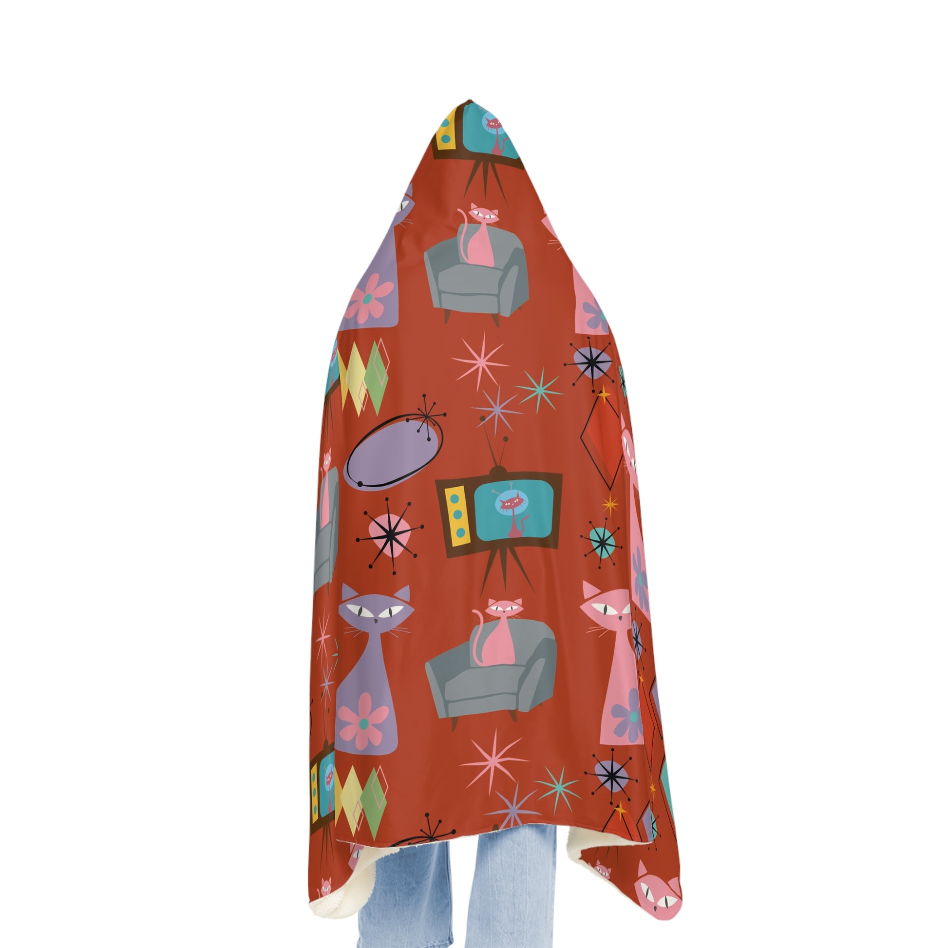 Retro Atomic Kitty Cat Hooded Blanket – Mid-Century Modern 50s Throw, Cozy Sherpa Snuggle Gift, Fun Vintage-Inspired Home Comfort Housewarming