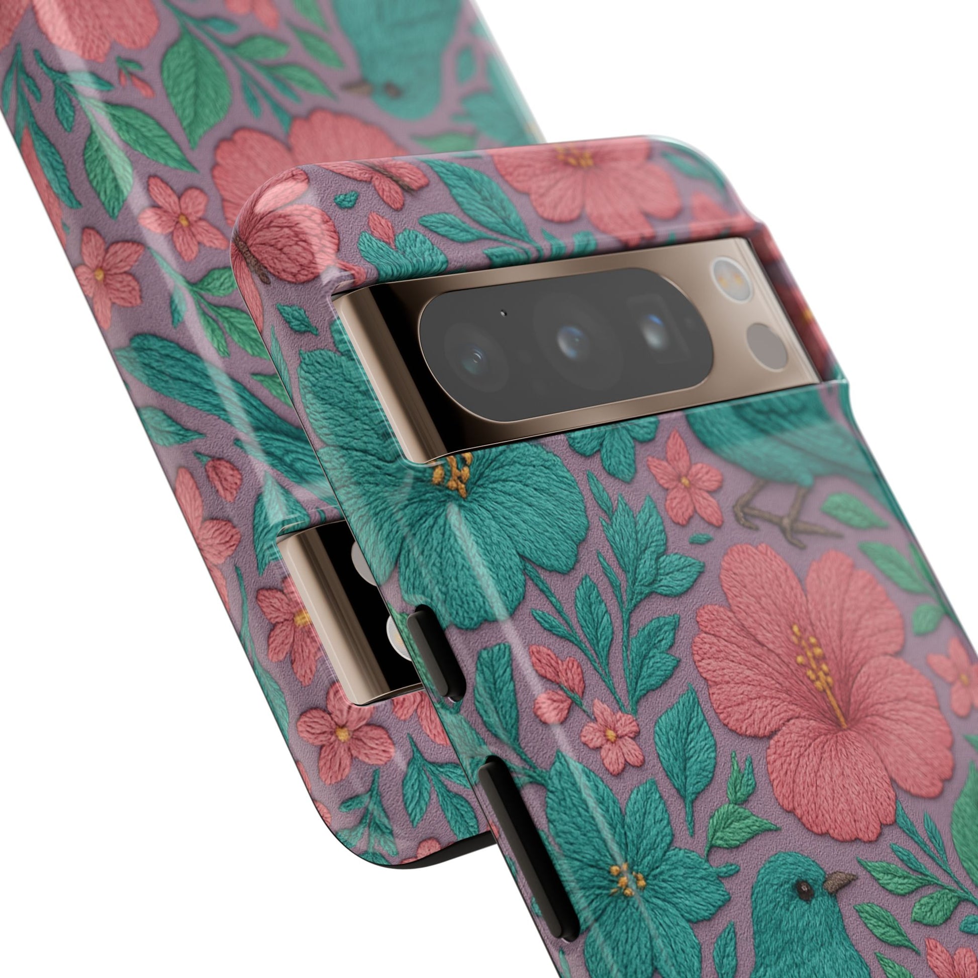 Turquoise, Pink and Lavender 3D Embroidery Illusion Phone Case Tropical Flowers, Birds & Butterflies Cover with Bold, Realistic Floral Texture iPhone, Samsung