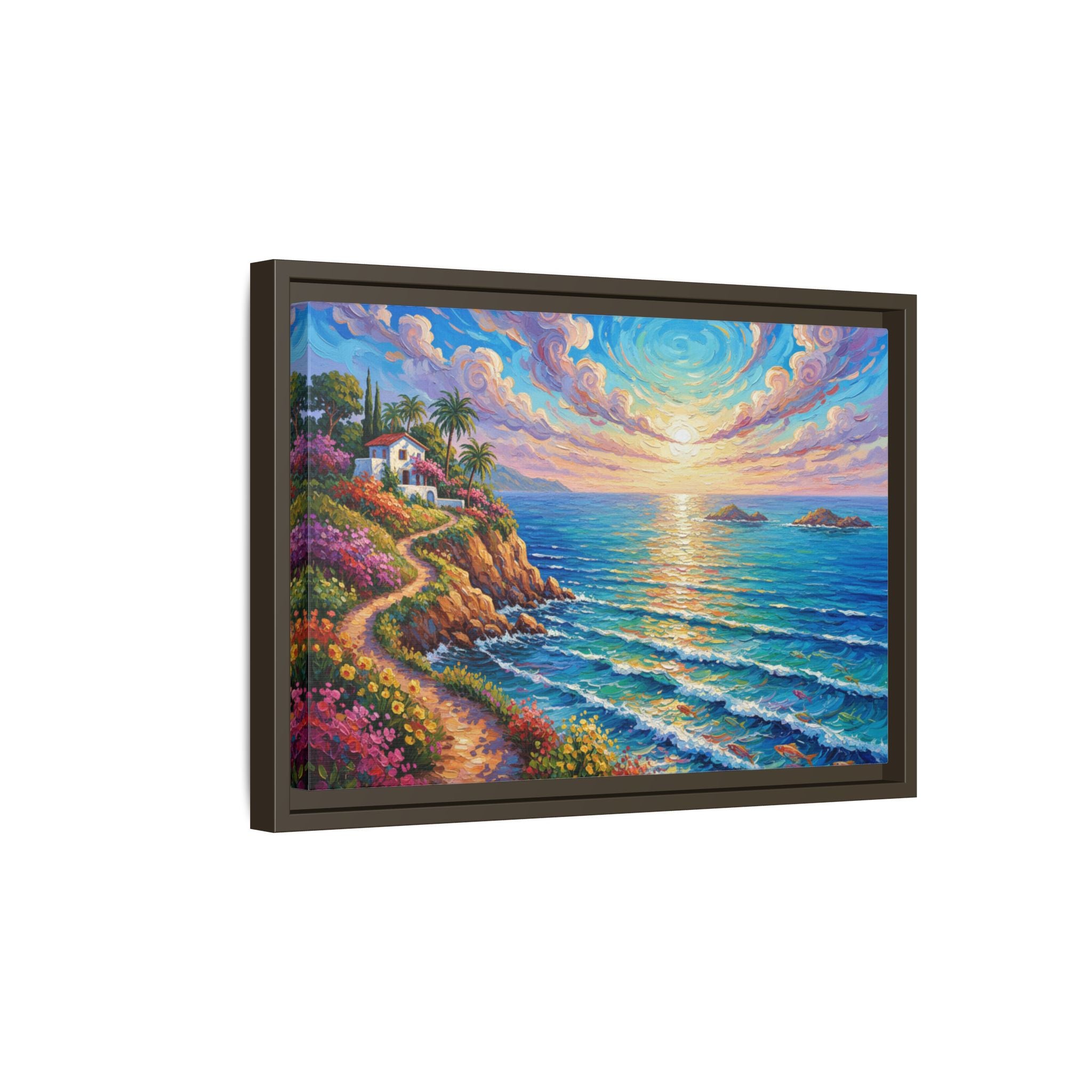 Toile imprimée florale océanique | Décoration murale colorée et lumineuse de paysage marin, œuvre d'art de bureau encadrée et mate