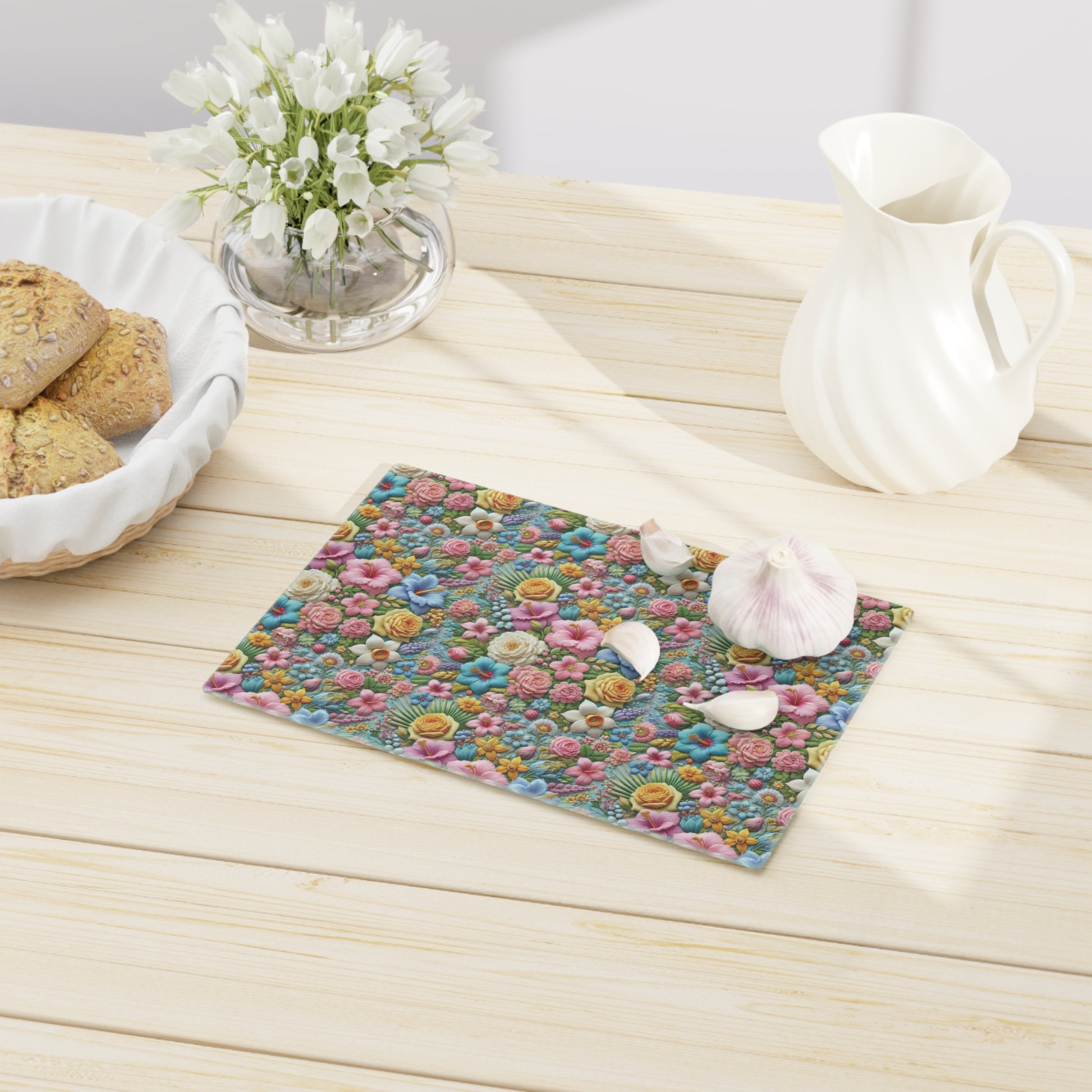 Pastel Floral Tempered Glass Cutting Board  Elegant and Durable, Heat-Resistant Surface with Beautiful Flower Design, Perfect for Cooking, Serving, and Gifting - MRSBYVALLE
