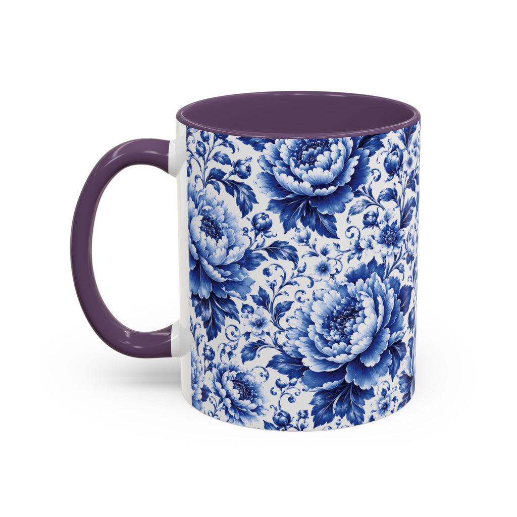 Blue Floral Ceramic Coffee Mug — Vintage Delft Peony Accent (11oz & 15oz) Blue & White Chinoiserie Tea Mug