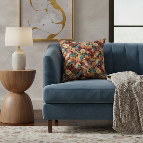 A square throw pillow featuring an intricate vintage floral and botanical pattern in warm autumnal tones of rust red, teal, mustard yellow, and cream, set against a plain white background.