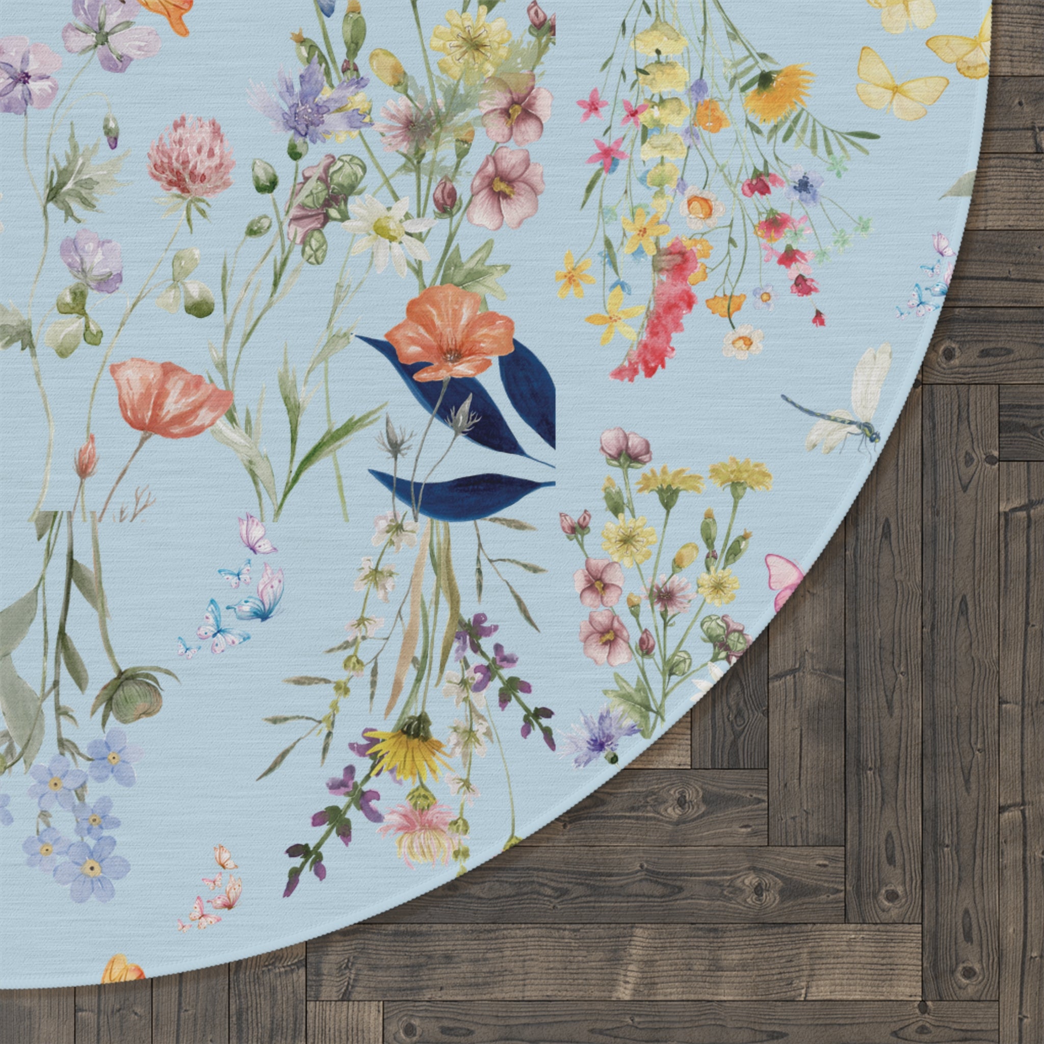 Icy Blue Watercolor Boho Wildflower Round Rug