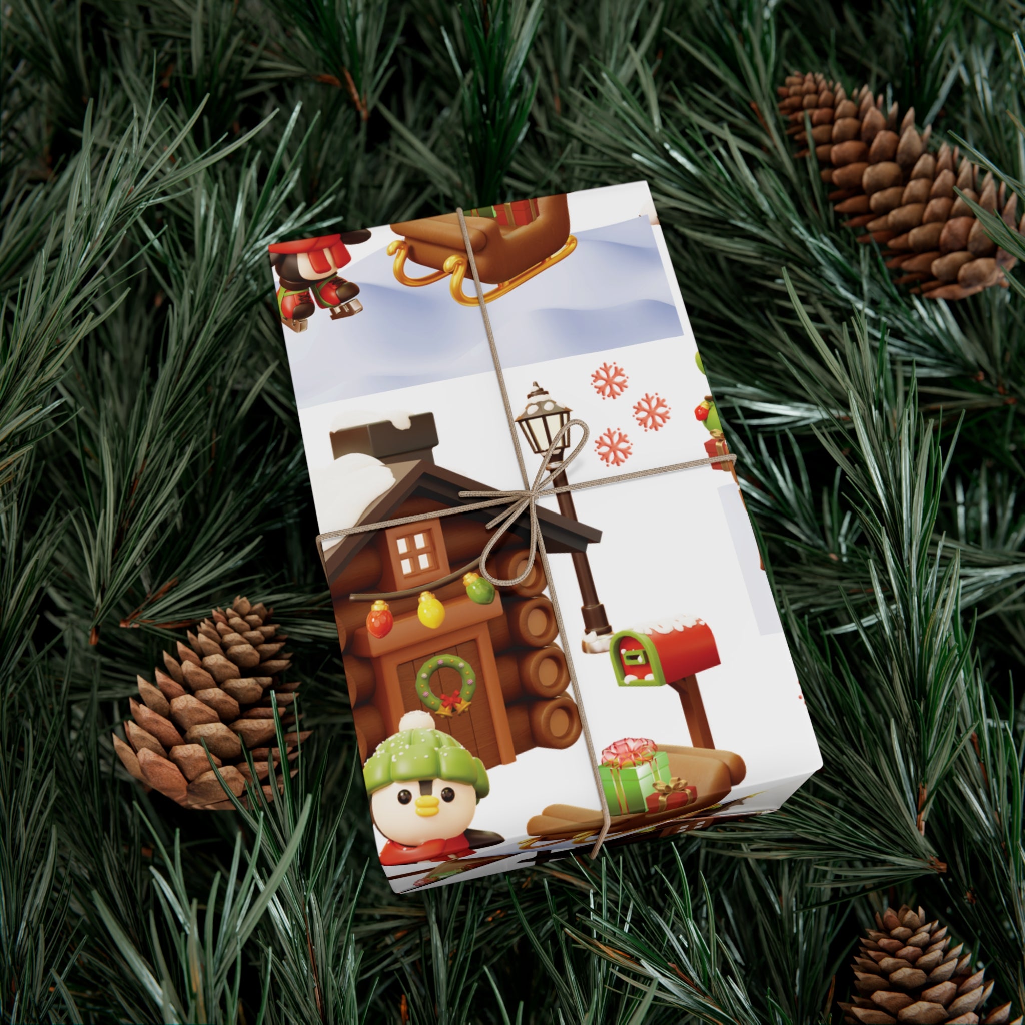 Papier Cadeau Illusion 3D Pingouin Motif Pingouin Hivernal Mignon et Scène de Cabane Sous la Neige, Papier Cadeau de Noël Festif, Papier Cadeau de Fêtes en 3 TaillesParfait pour les Cadeaux Saisonniers