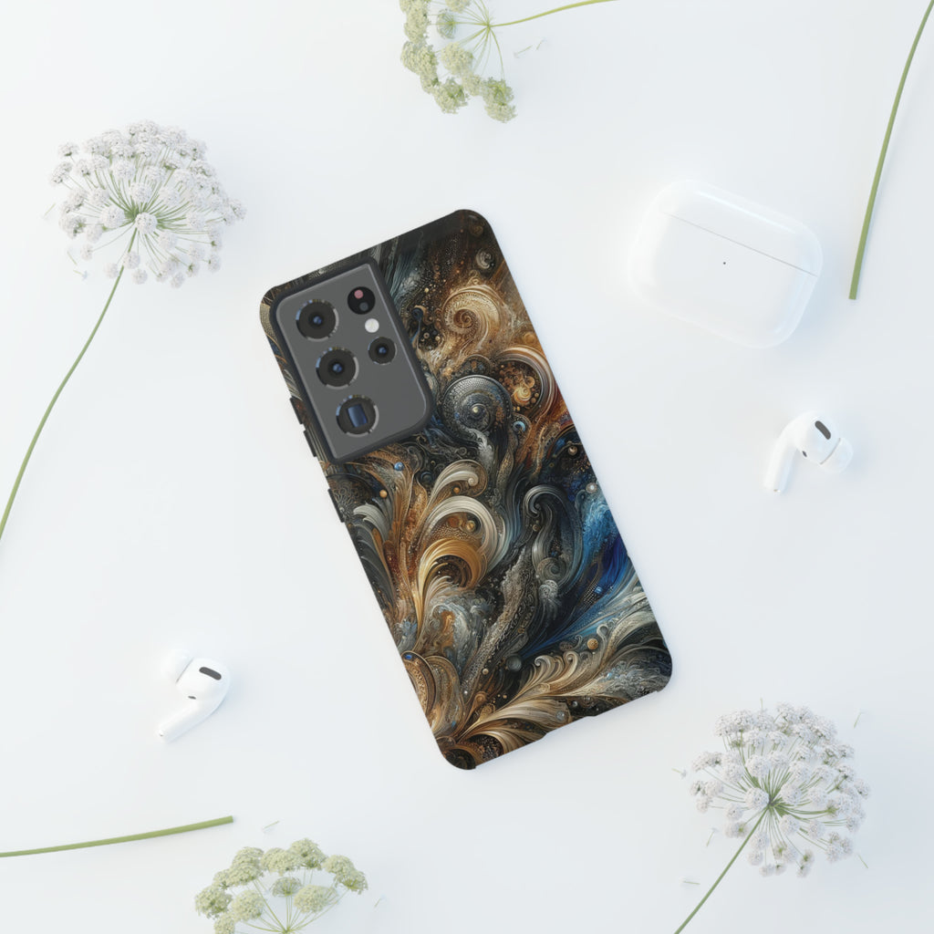 Gold and Navy Art Design Luxury Phone Tough Case Floral Elegant Durable Stylish for Modern Devices iPhone 15, Samsung iPhone Samsung Accessory Gift for Her.