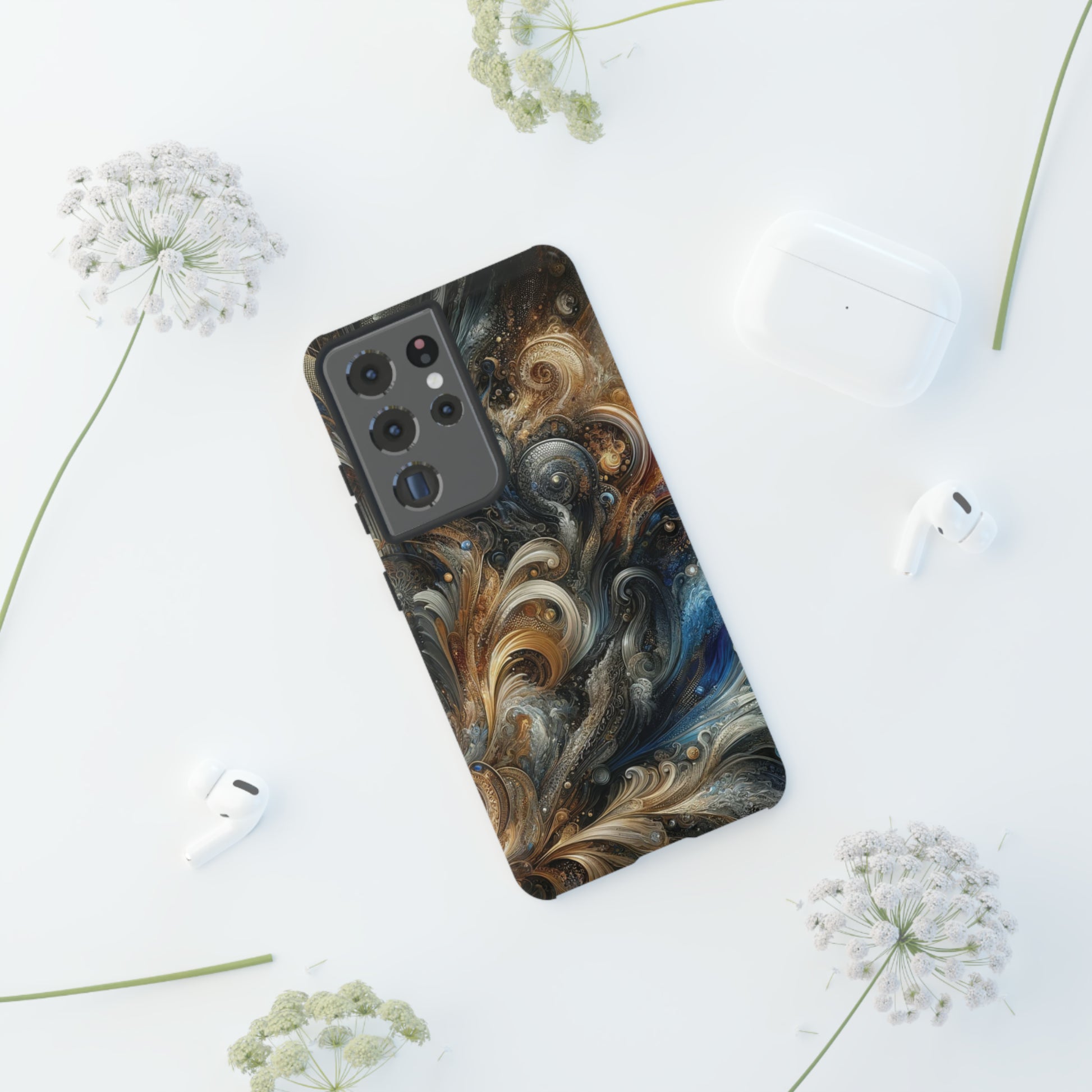 Gold and Navy Art Design Luxury Phone Tough Case Floral Elegant Durable Stylish for Modern Devices iPhone 15, Samsung iPhone Samsung Accessory Gift for Her.