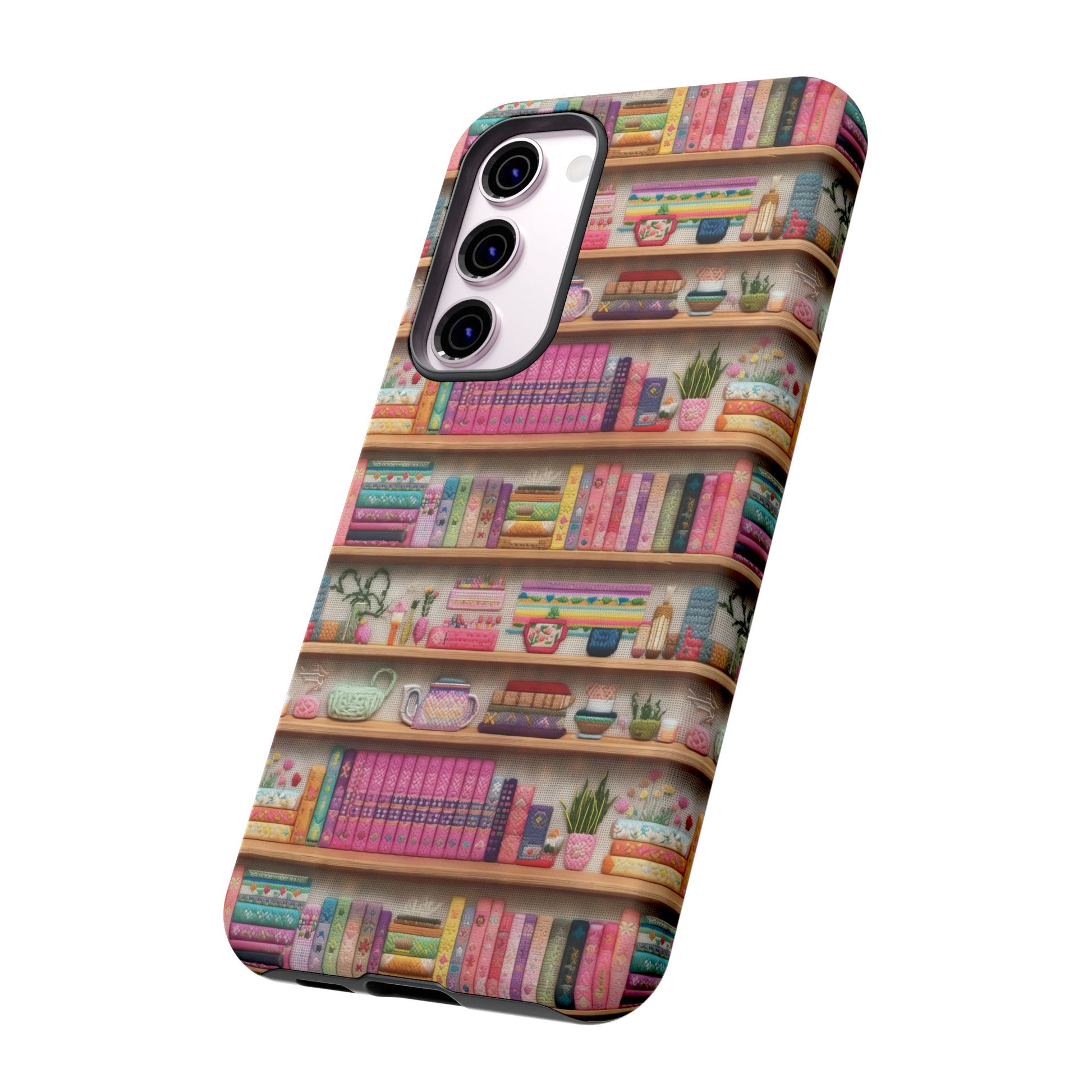 Whimsical 3D Embroidery Illusion Books on Pastel Shelves Phone Case for iPhone, Samsung & Pixel: Unique Accessory for Literary Enthusiasts Gift for Her Perfect for Floral Lover