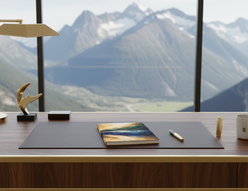 Abstract art print with blue, gold, and beige colors on a white background