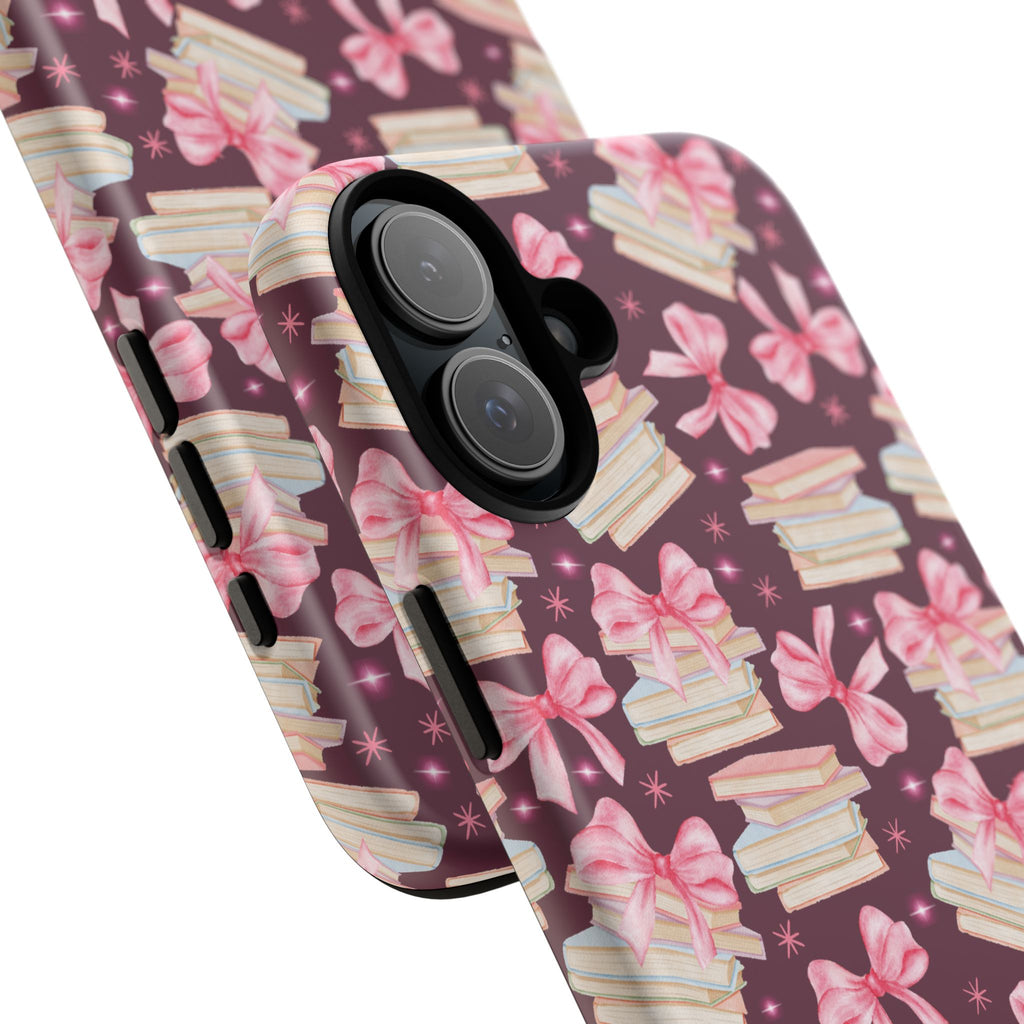 Coquette Pink Bows & Books Phone Case for iPhone 17 and Samsung, Pixel | Stylish Protective Cover Gift for Her Perfect for Floral Lover