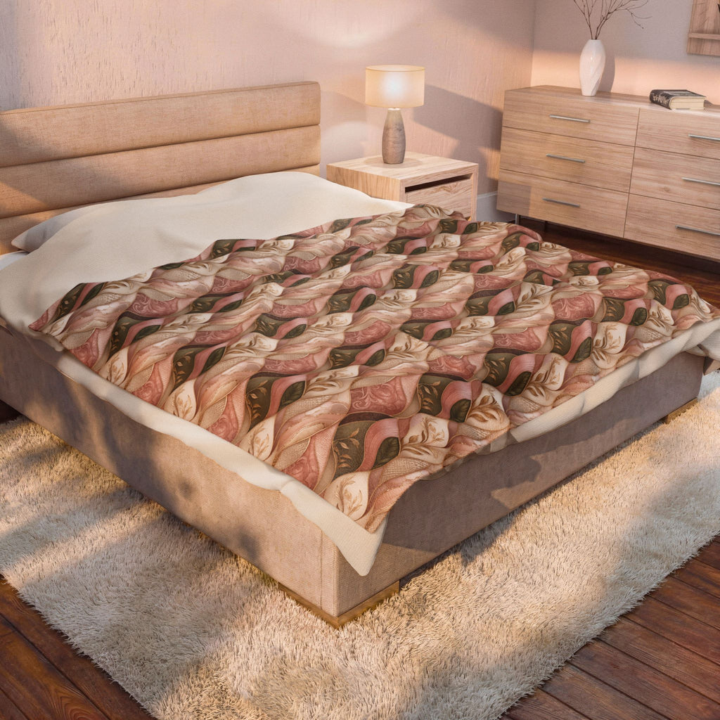 Velveteen Plush Blanket — Cozy Braided Leaf Pattern Throw (Soft Floral Earth Tones)