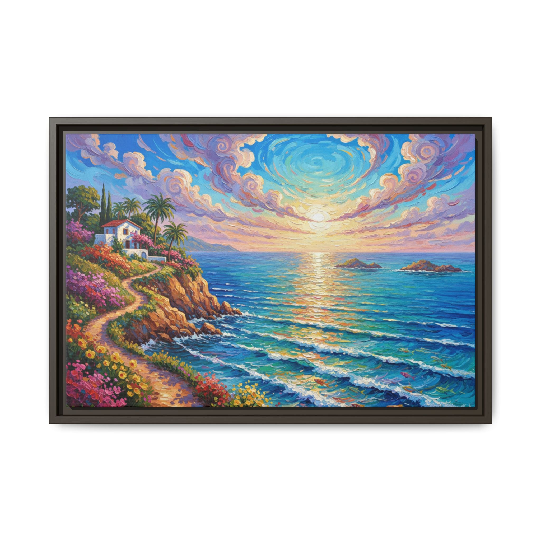 Ocean Floral Print Canvas | Bright Colorful Seascape Wall Art, Framed Matte Office Art Work