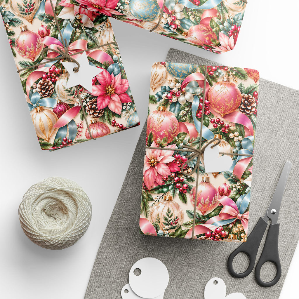 Pink Vintage Christmas Ornament Wrapping Paper