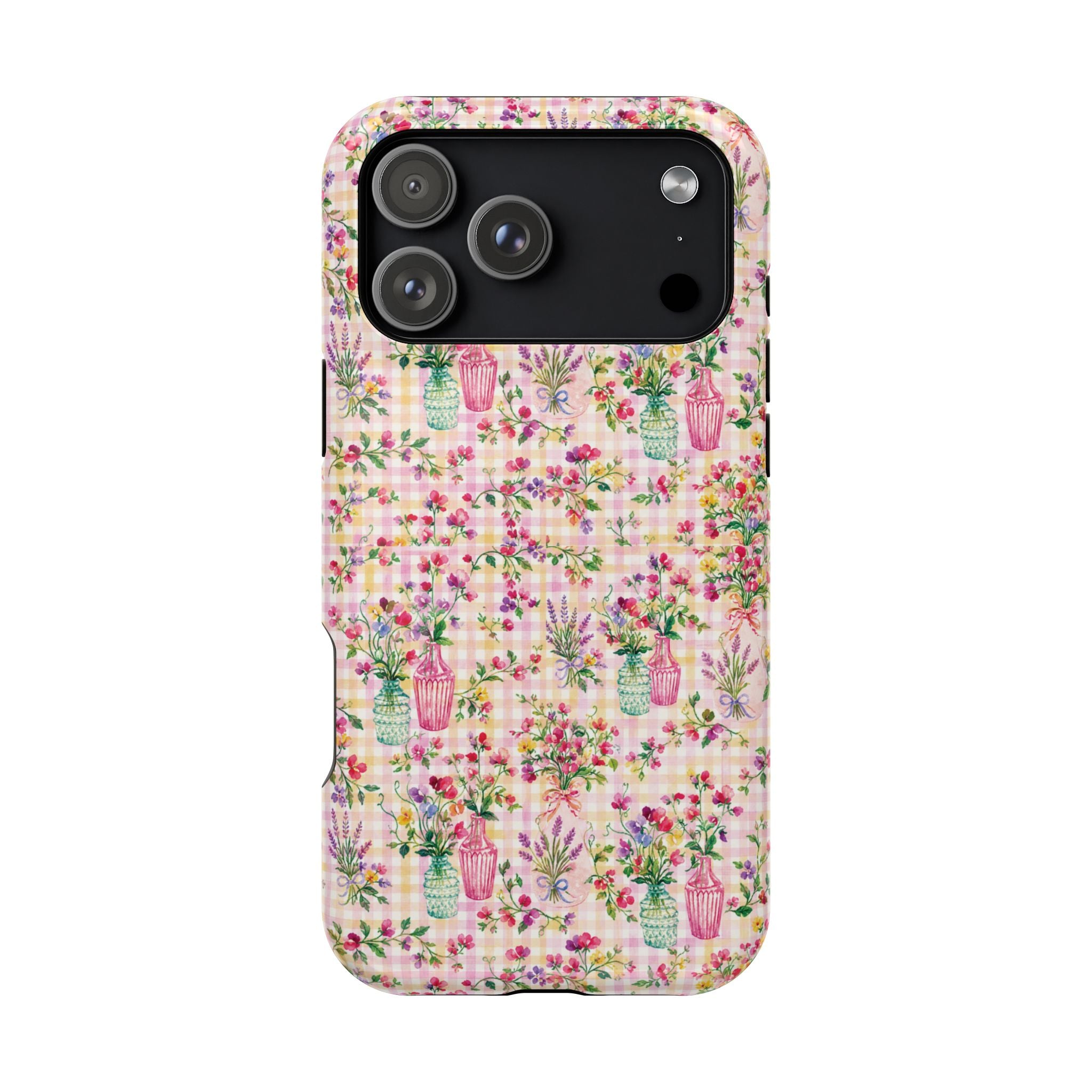 Turquoise & Pink Floral Checker Phone Case — Magnetic Impact-Resistant