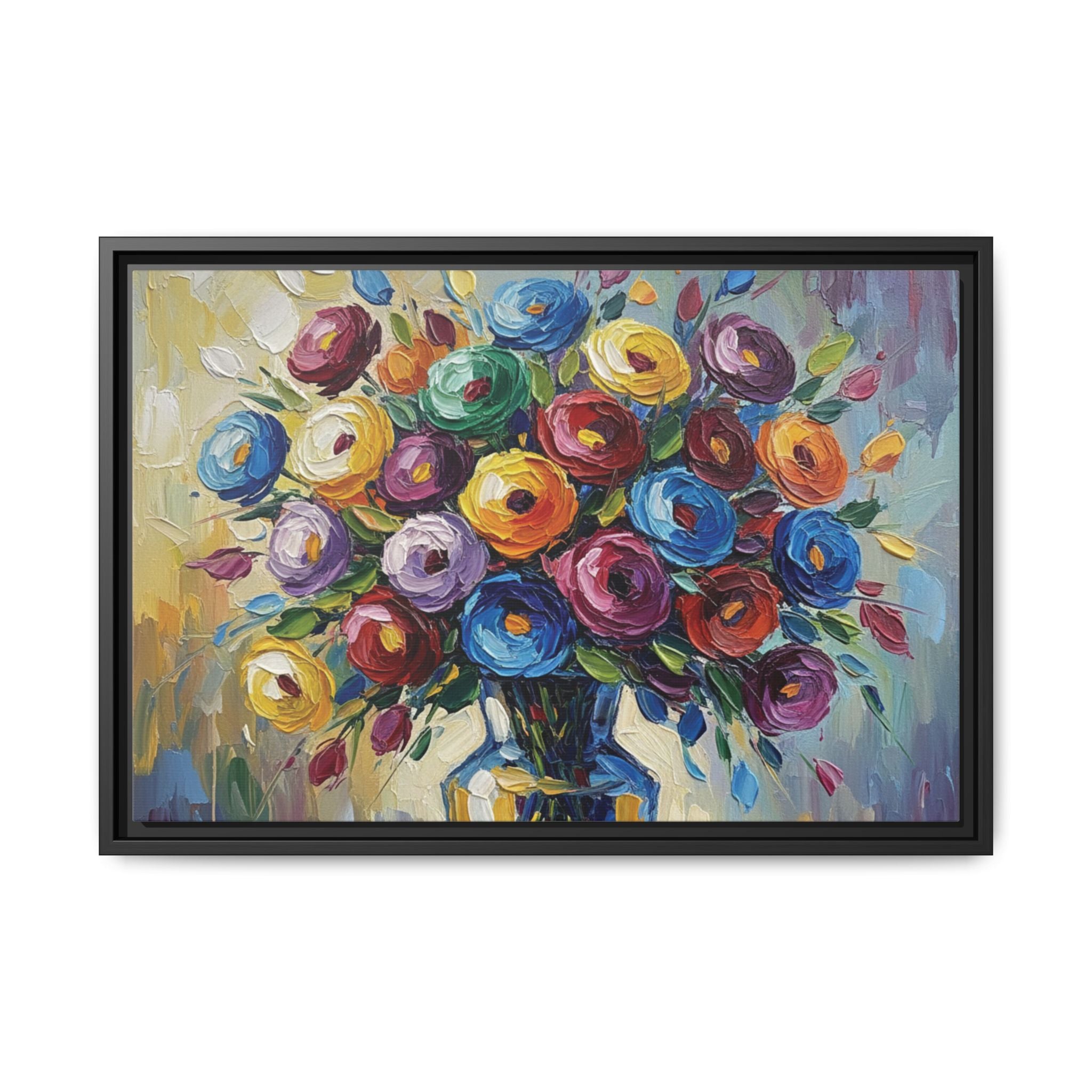 Impression sur toile bouquet floral aquarelle - Tableau mural encadré mat - Illusion de peinture à l'huile vibrante