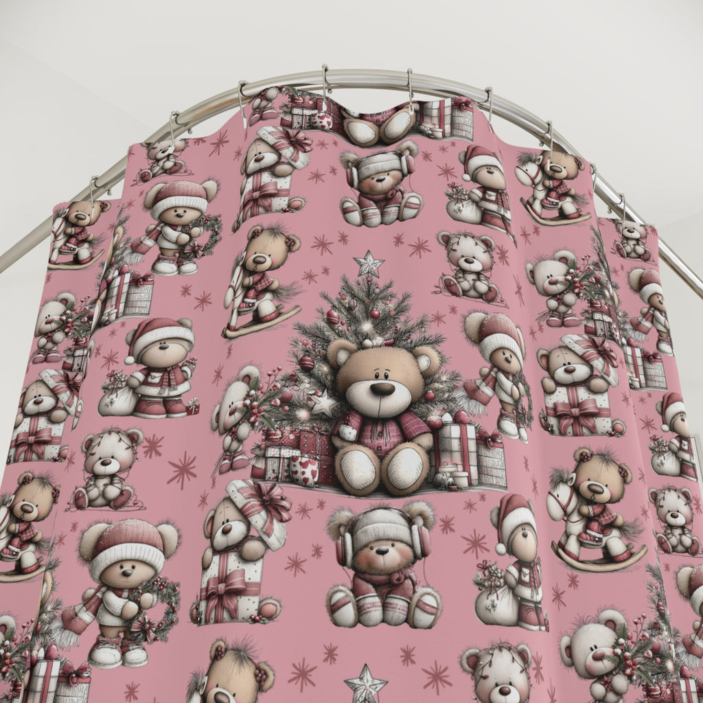 Whimsical Pink Teddy Bear Shower Curtain | Cute Holiday Bathroom Decor Gift
