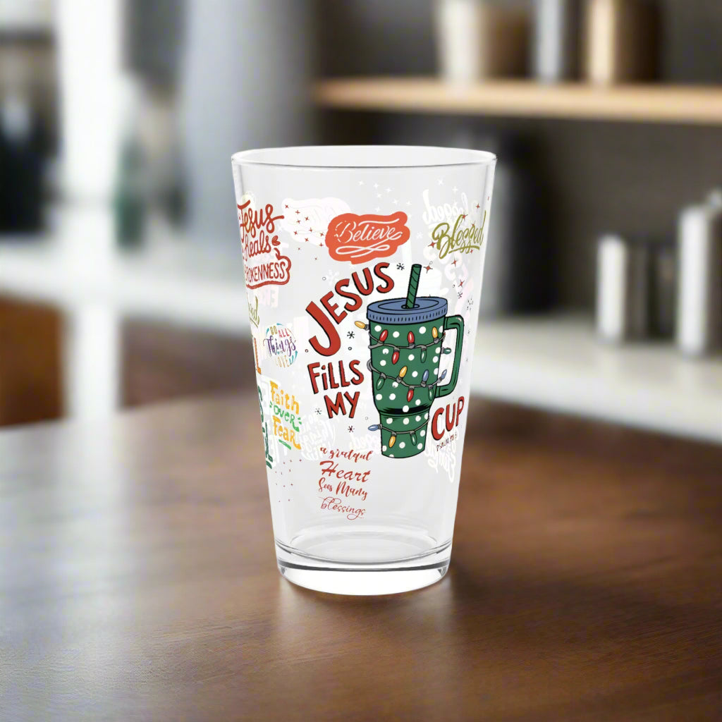 Clear glass with colorful text and graphics on a white background