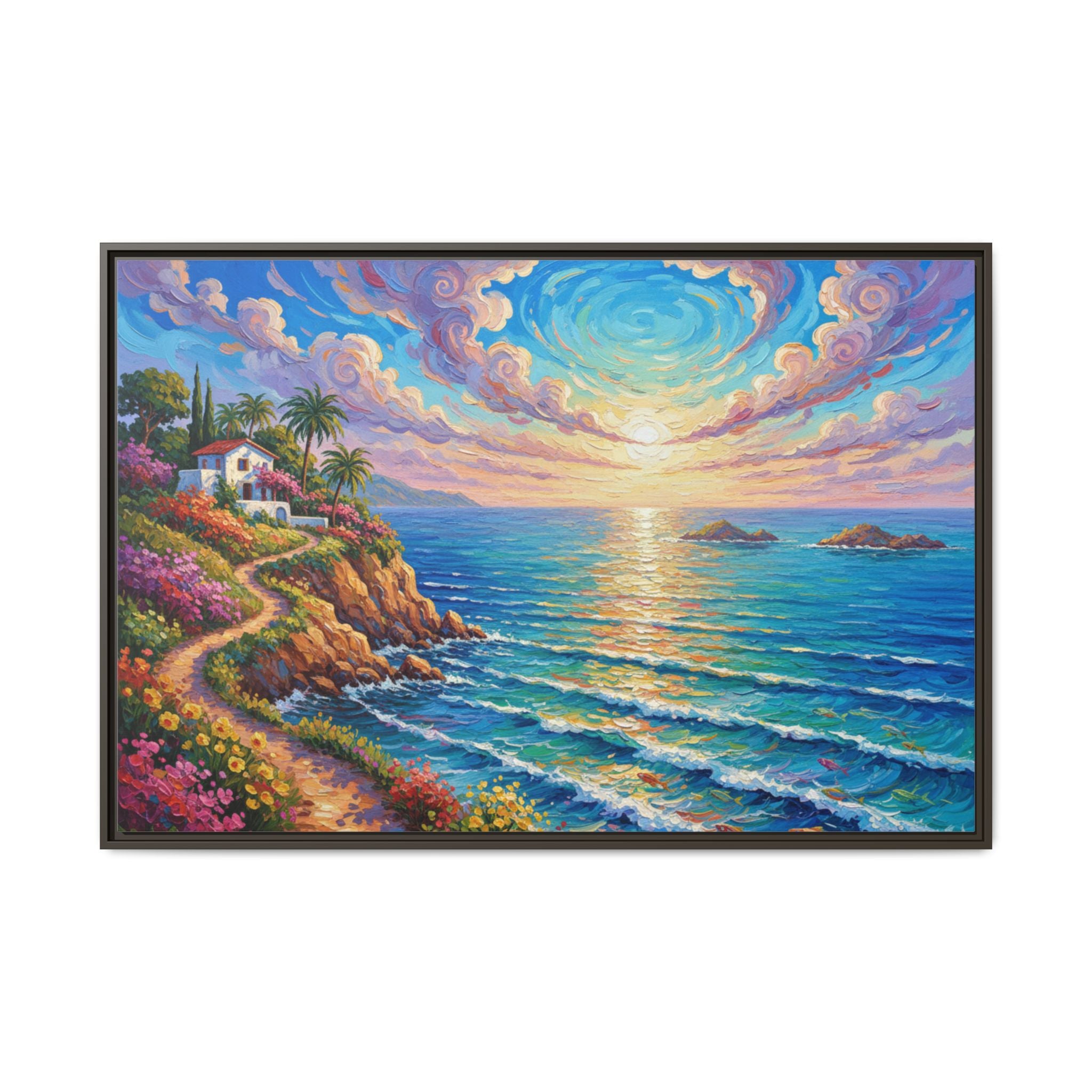 Ocean Floral Print Canvas | Bright Colorful Seascape Wall Art, Framed Matte Office Art Work
