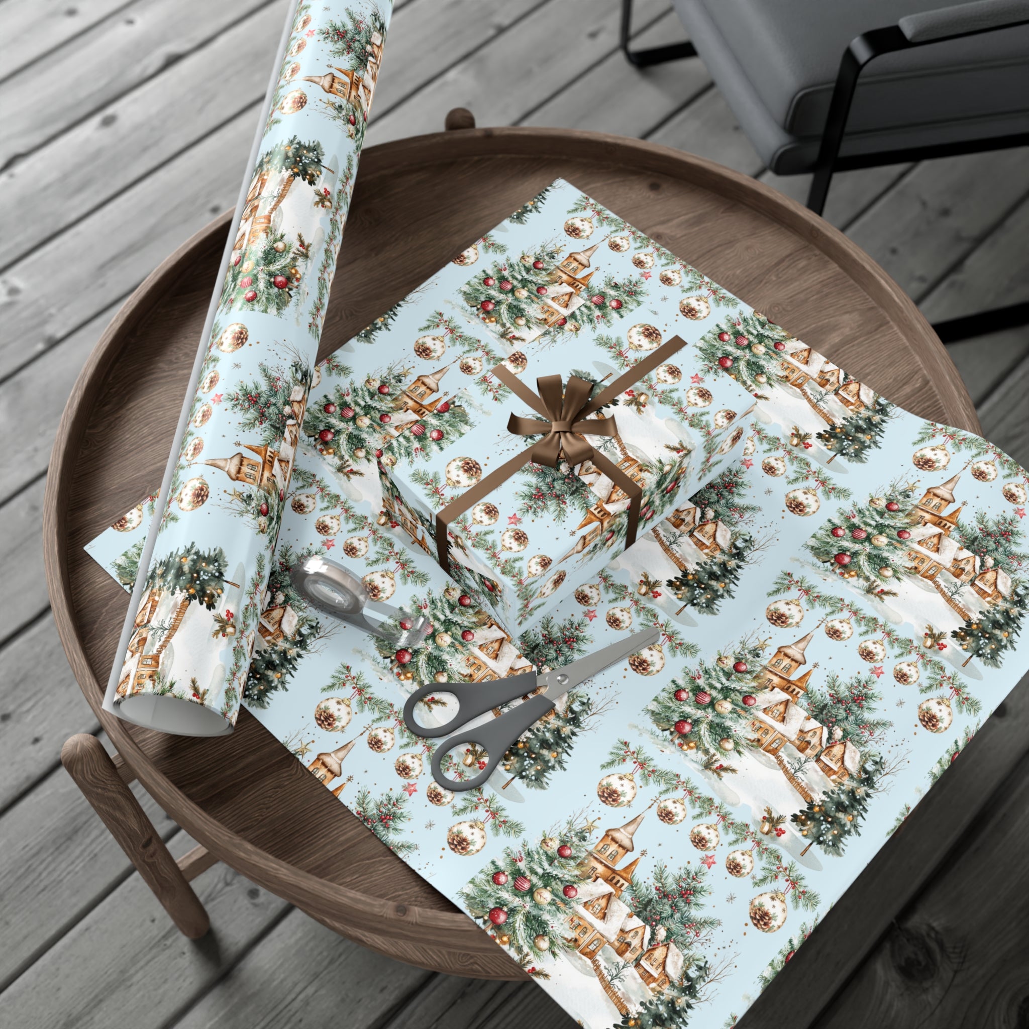 Christmas Watercolor House & Tree Wrapping Paper – Festive Holiday Scenes in Elegant Watercolors, Perfect for Wrapping Gifts with Cozy, Seasonal Charm All Gifts - MRSBYVALLE