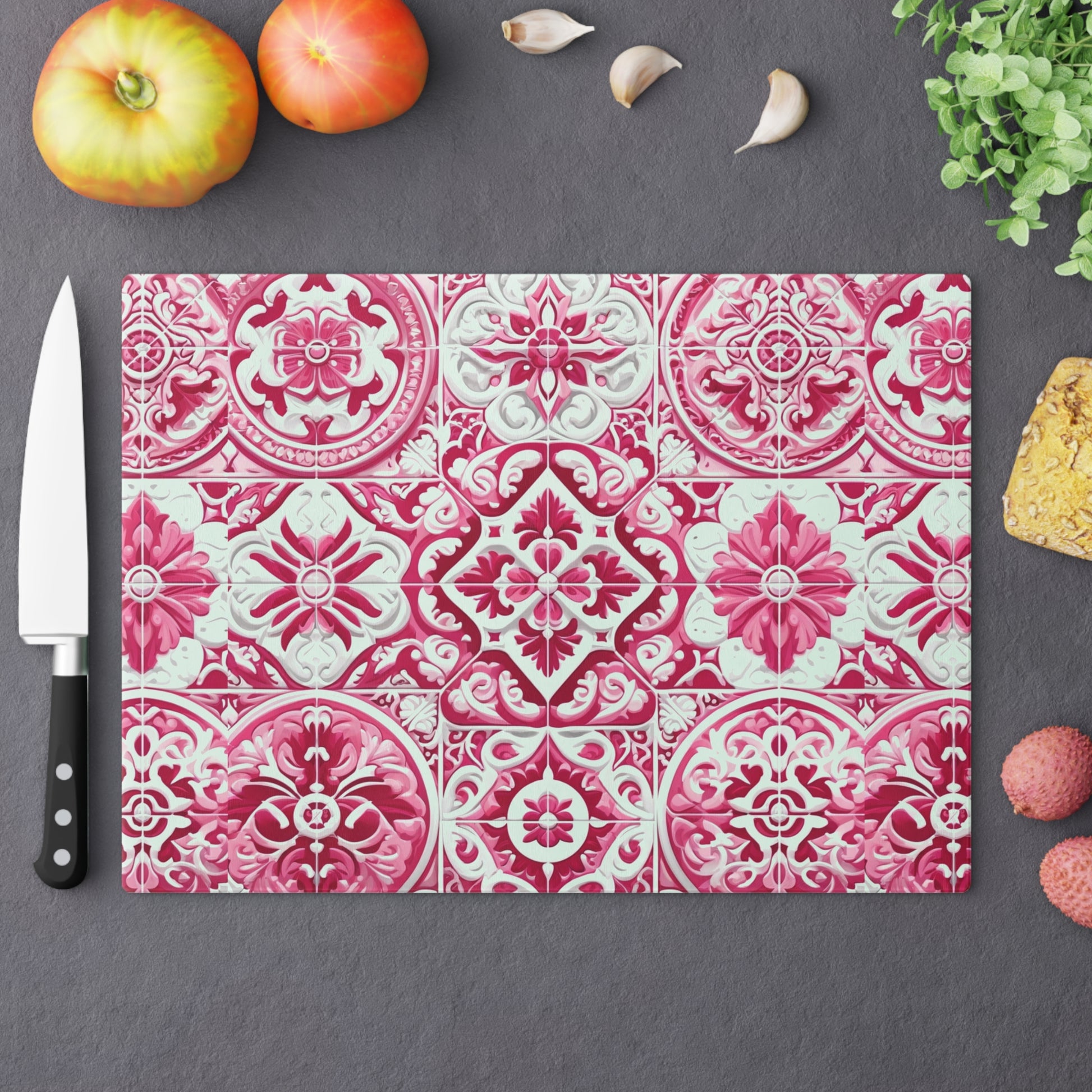 New House Tempered Glass Cutting Board with Pink and White Mediterranean Tile Design Ultra-Durable Kitchen Accessory for Stylish Cooking Kitchen Decor with Elegant Design, Housewarming, New House Gift - MRSBYVALLE
