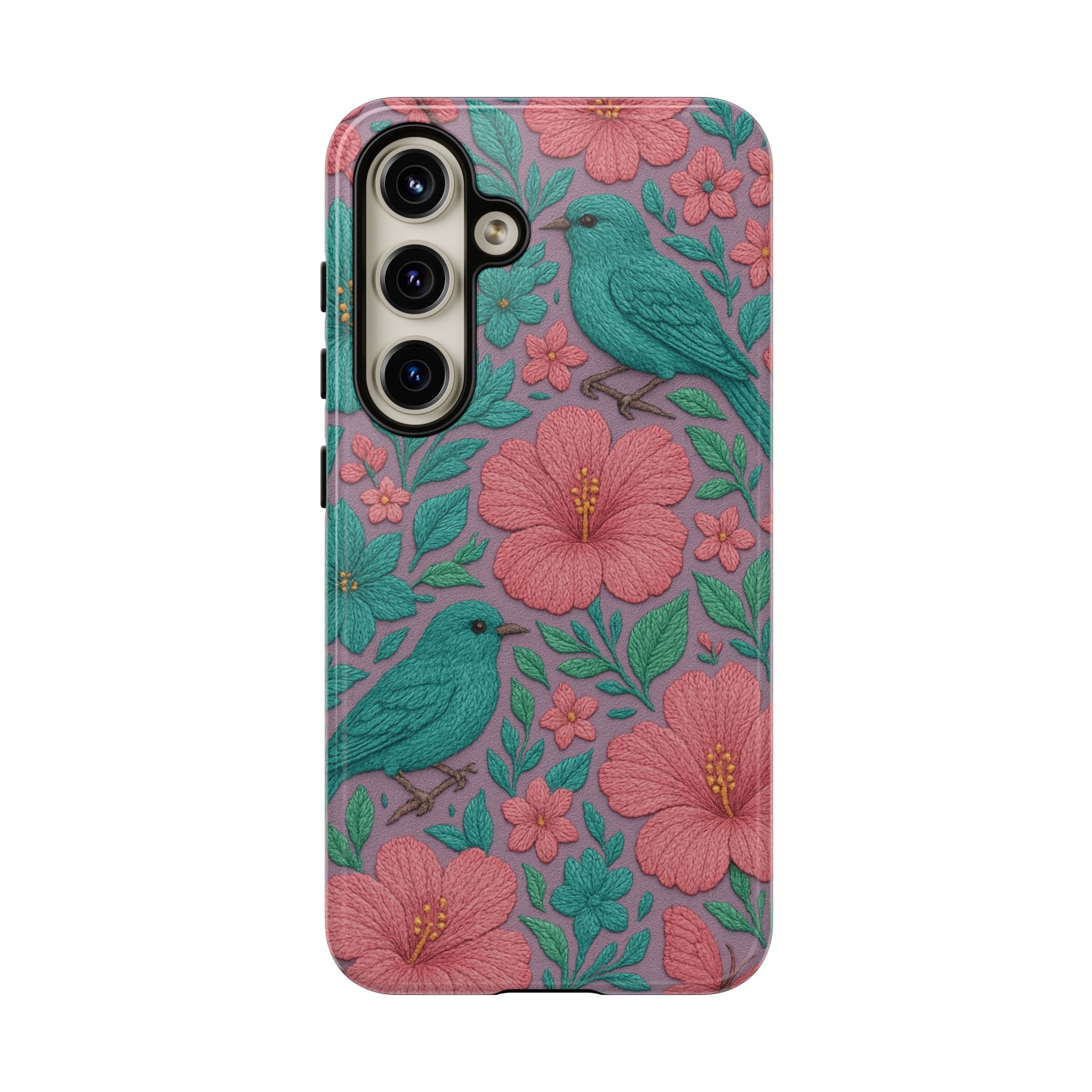 Turquoise, Pink and Lavender 3D Embroidery Illusion Phone Case Tropical Flowers, Birds & Butterflies Cover with Bold, Realistic Floral Texture iPhone, Samsung