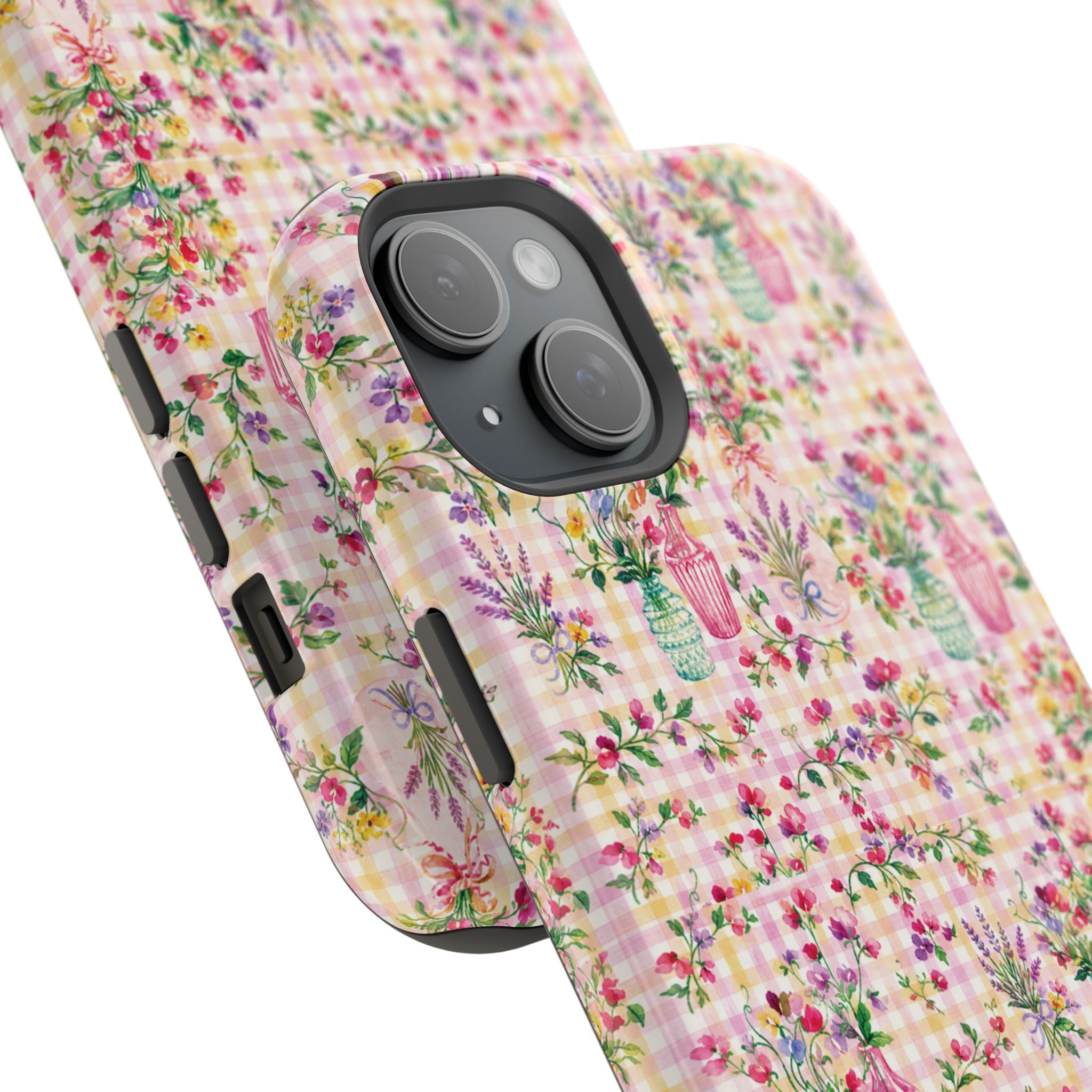 Turquoise & Pink Floral Checker Phone Case — Magnetic Impact-Resistant