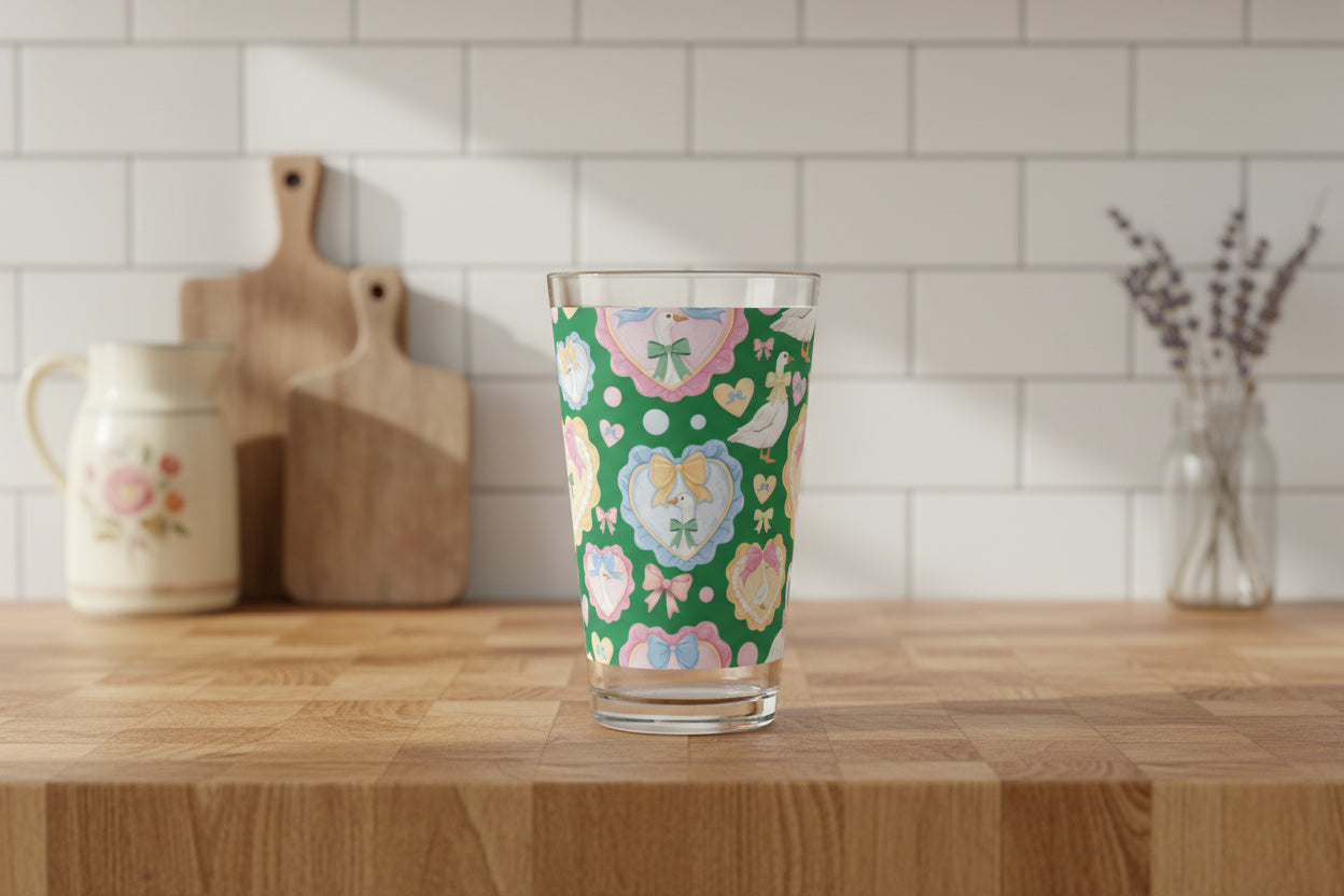 Clear glass tumbler with a colorful pattern of hearts, flowers, and bows on a green background.