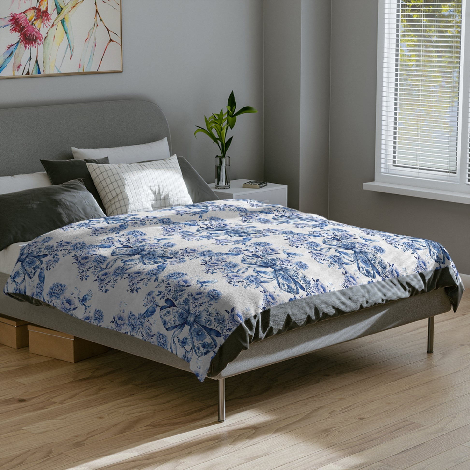 Elegant Blue Bow Chinoiserie Blanket – Soft & Cozy Throw in 60x50 & 80x60, Vintage Bird & Floral Design, Lightweight, Warm, Perfect for Home & Gift Giving Housewarming Gift Throw