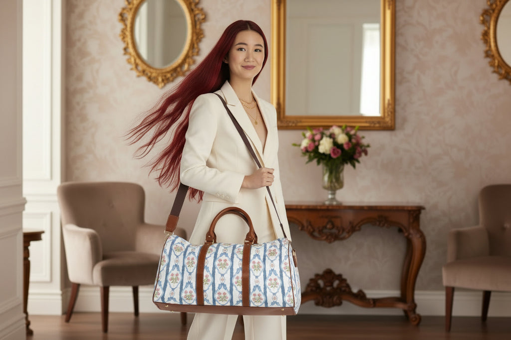 Woman holding a floral-patterned bag with brown straps on a white background