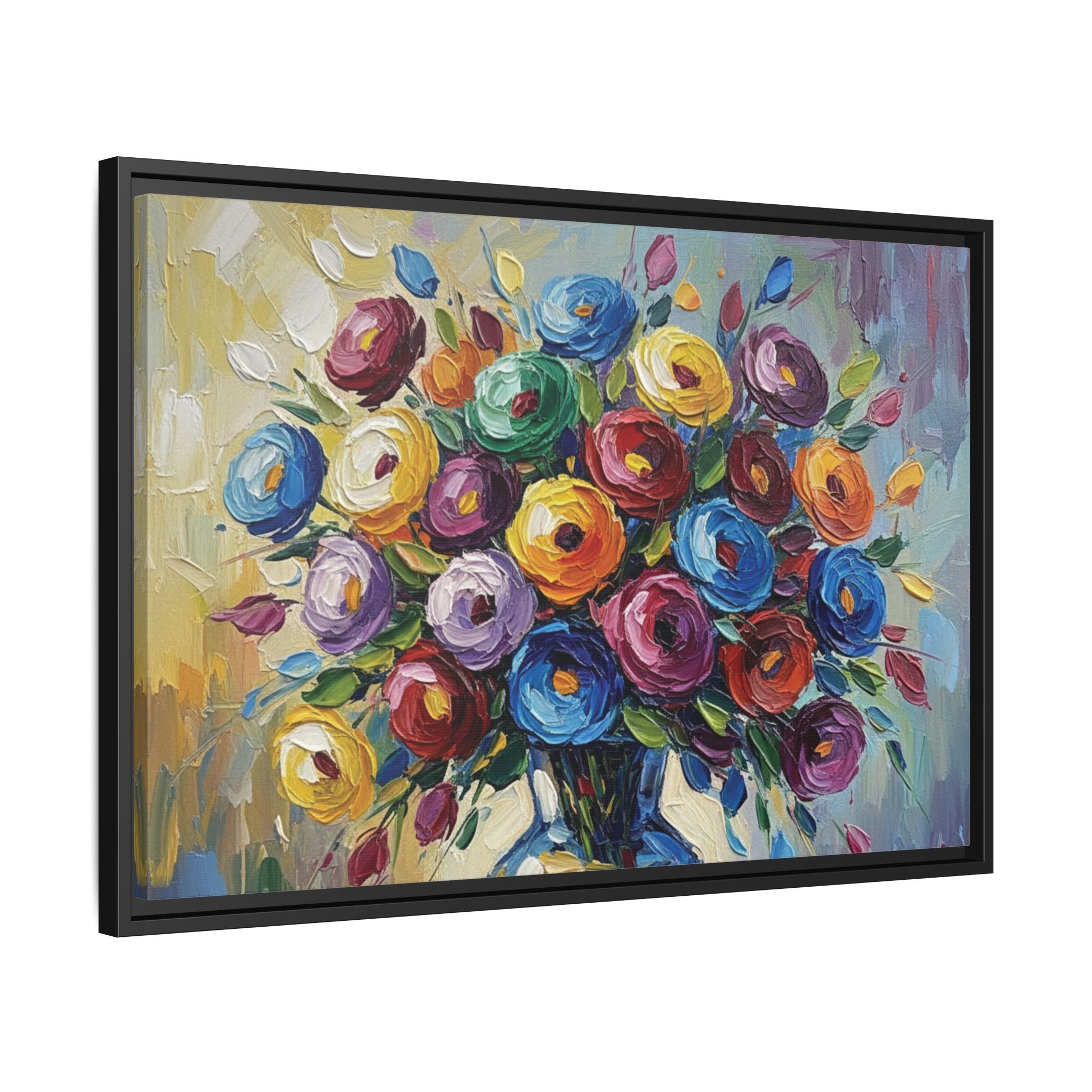 Impression sur toile bouquet floral aquarelle - Tableau mural encadré mat - Illusion de peinture à l'huile vibrante