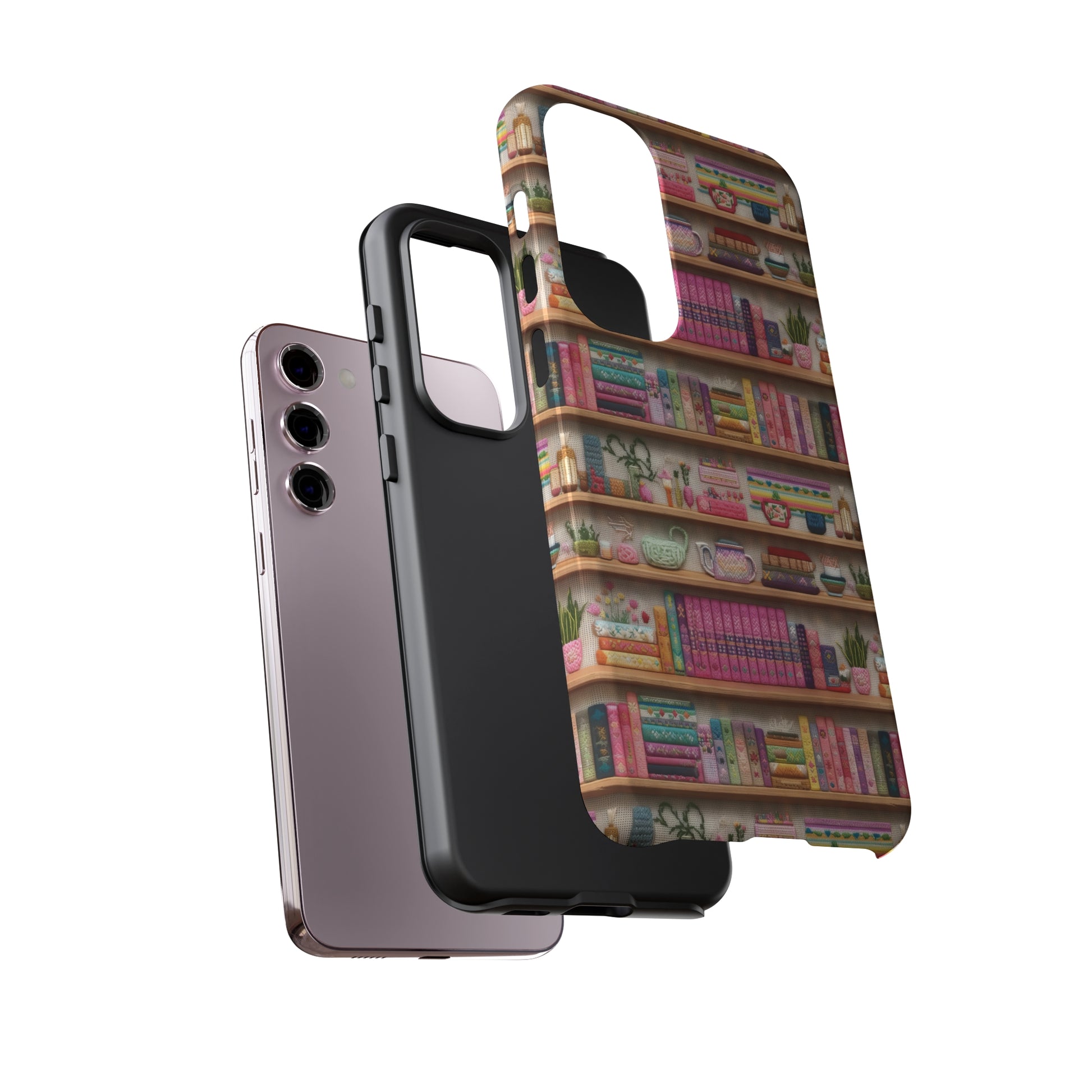 Phone Case 3D Illusion Books & Shelf Embroidery Design with Vibrant Colors Gift for Her Phone 15, Samsung iPhone Samsung Gift for Her Case iPhone 15, Samsung iPhone Samsung Accessory Gift for Her.