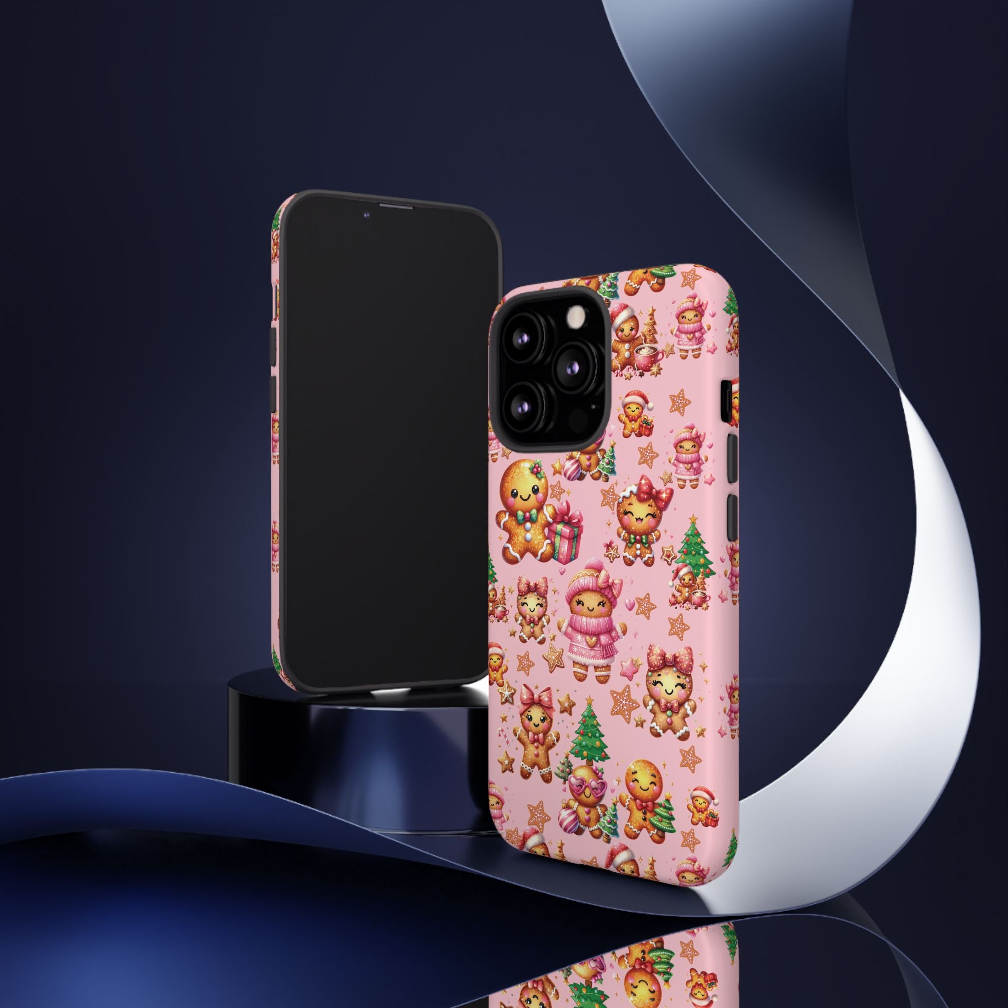 Coque de téléphone en forme de petite fille pain d'épices rose adorable, ambiance girly pour les fêtes, esthétique douce de Noël, idée cadeau mignonne et festive pour elle, housse de protection amusante