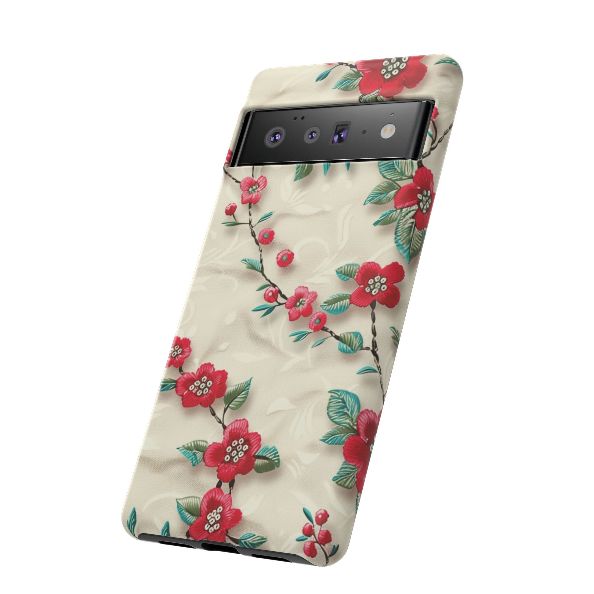 3D Embroidery Illusion Red Flowers Phone Case for iPhone, Samsung Pixel Artistic Floral Protection 15 14 13 12, 21 23 Gift for Her Perfect for Floral Lover
