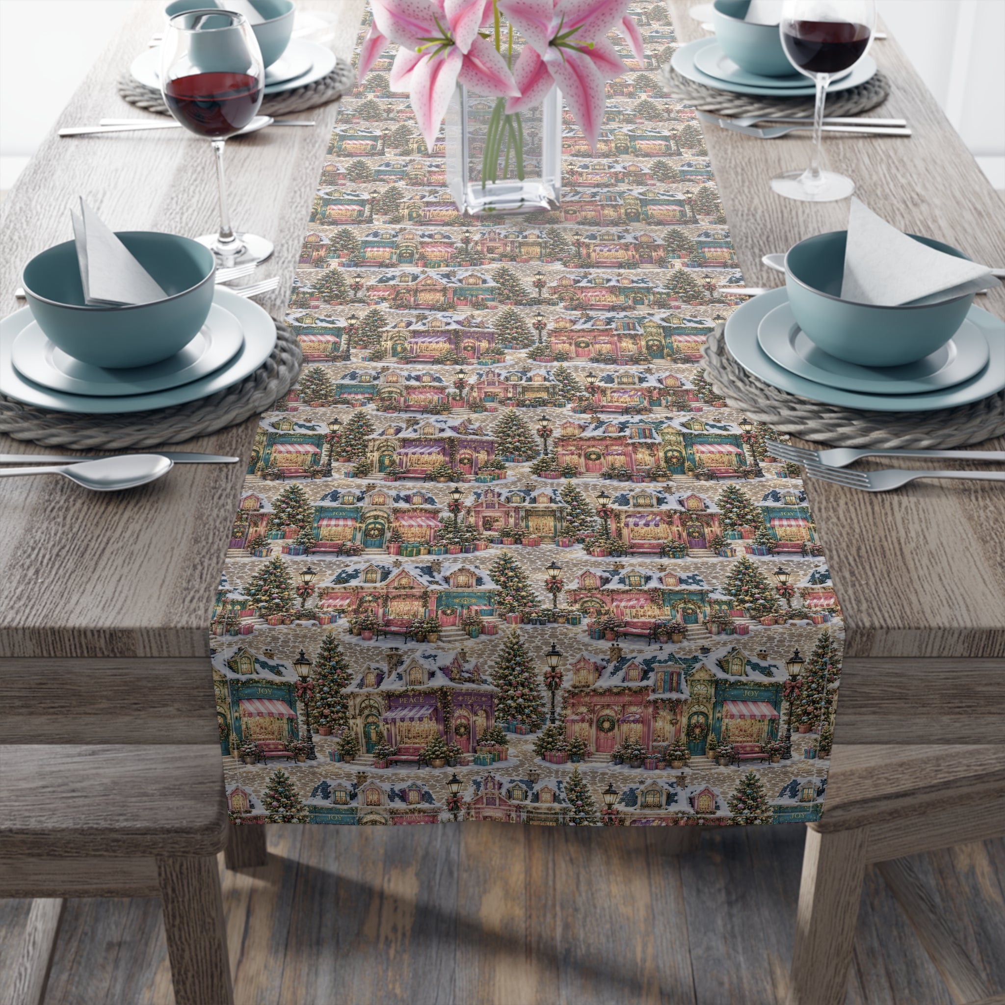 Vintage Christmas Village Table Runner Holiday Perfect Runner Village Scene Cottage