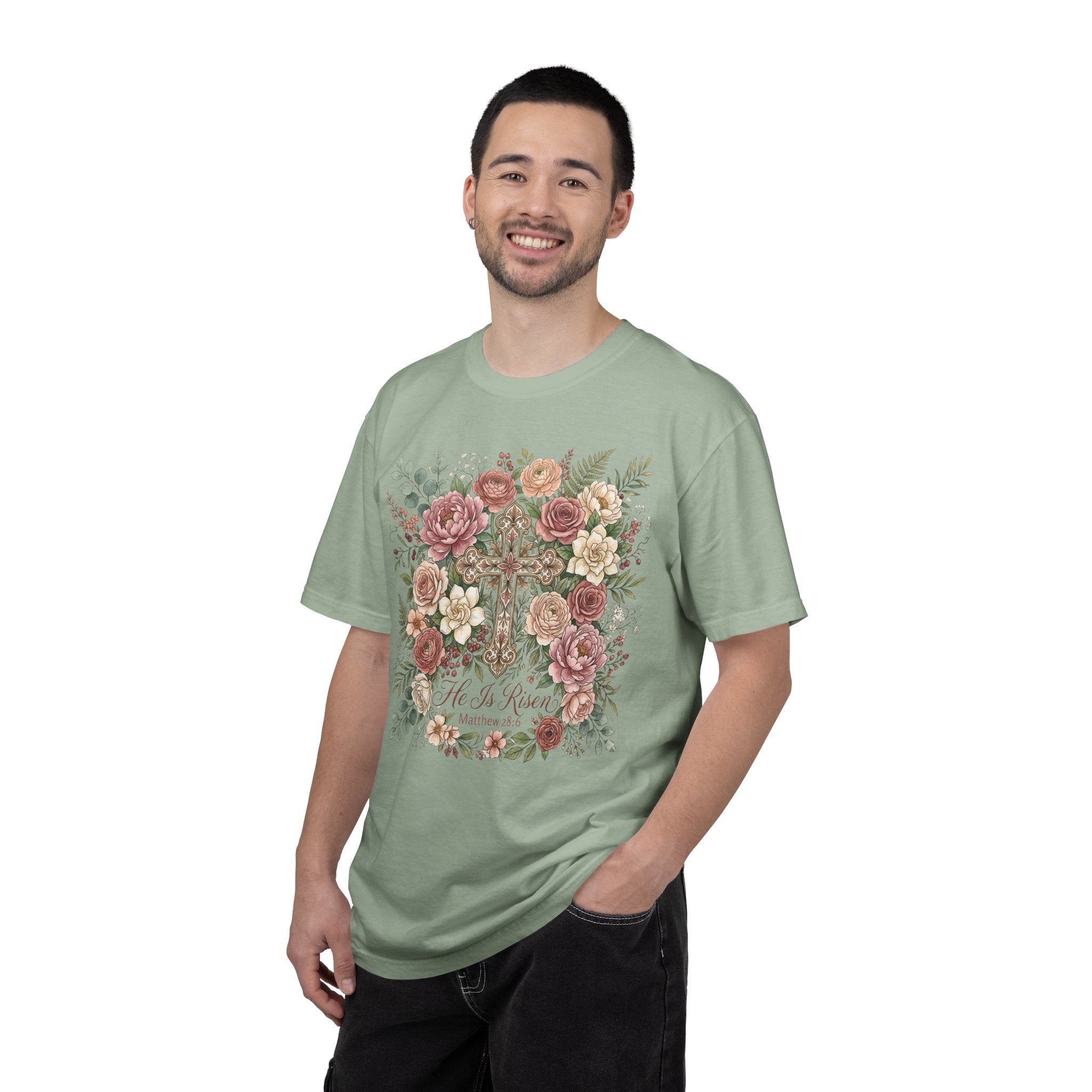 He Is Risen Floral Cross T-Shirt Christian Gift
