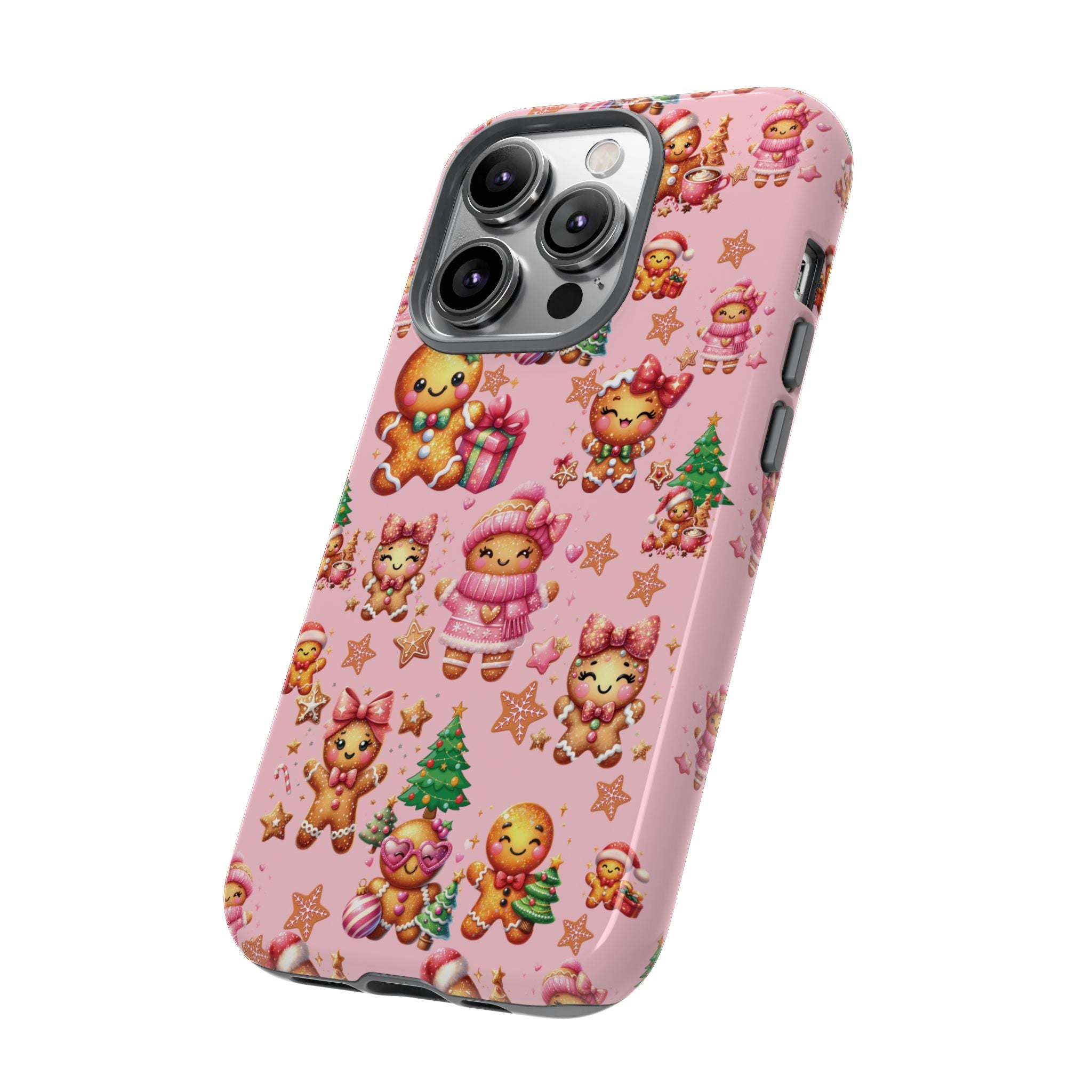 Coque de téléphone en forme de petite fille pain d'épices rose adorable, ambiance girly pour les fêtes, esthétique douce de Noël, idée cadeau mignonne et festive pour elle, housse de protection amusante