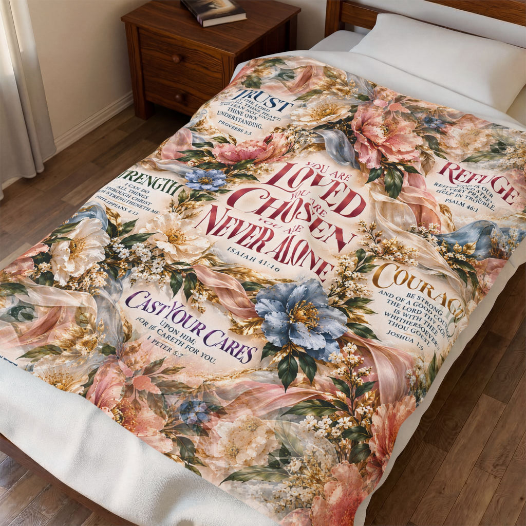 You Are Never Alone Comfort Blanket | Christian Encouragement Gift for Her | Velveteen Floral Scripture Throw