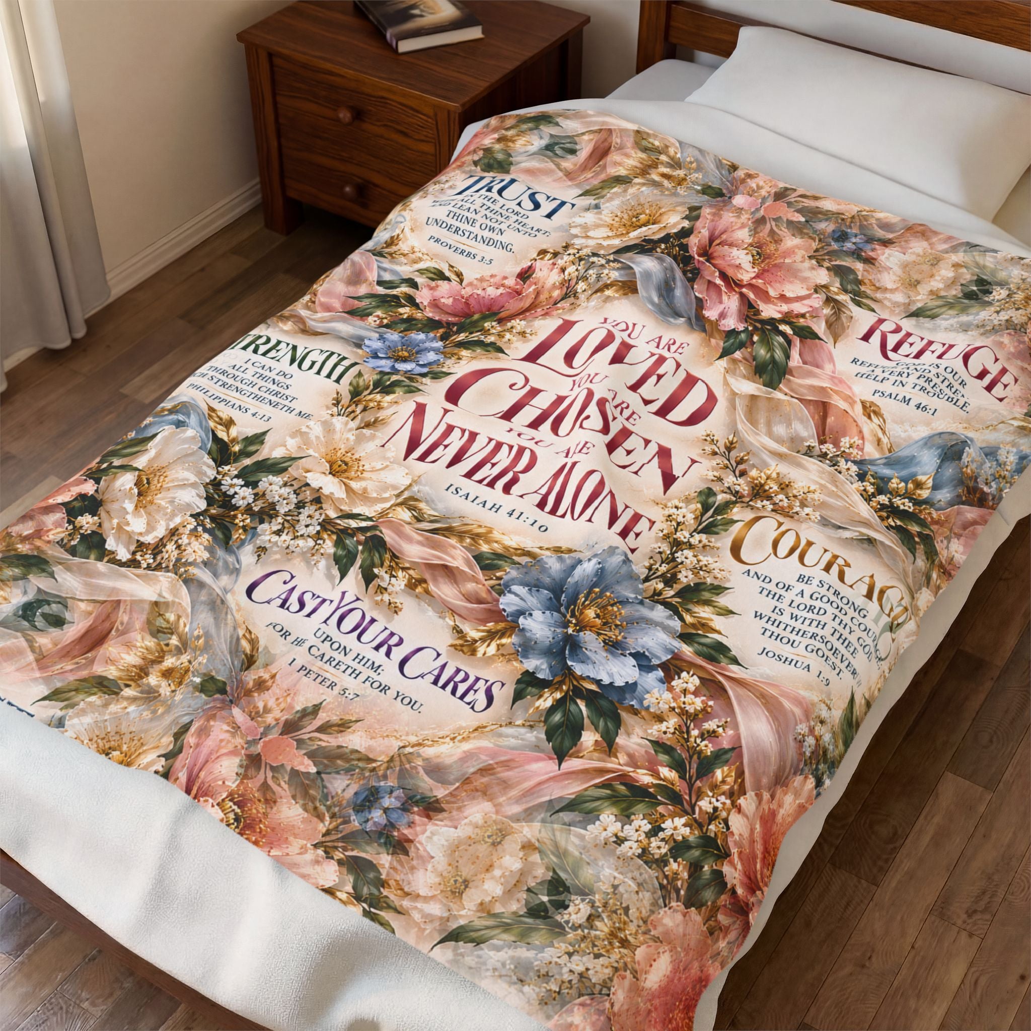 You Are Never Alone Comfort Blanket | Christian Encouragement Gift for Her | Velveteen Floral Scripture Throw