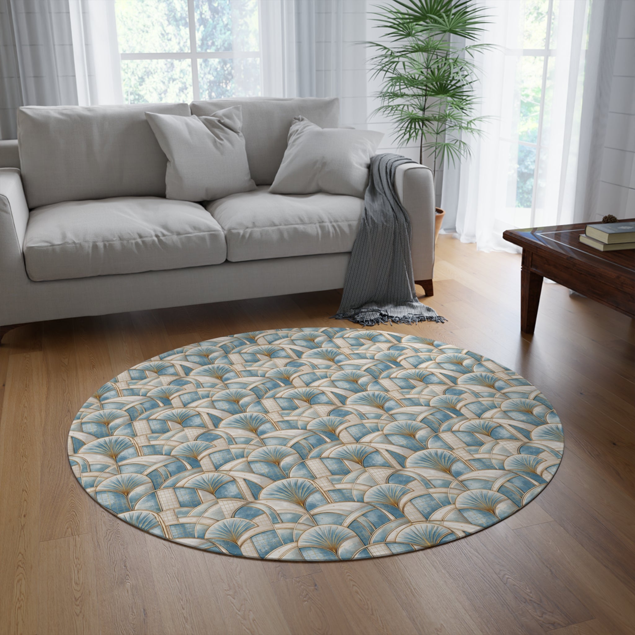 Blue & Gold Geometric Luxury  Round Rug