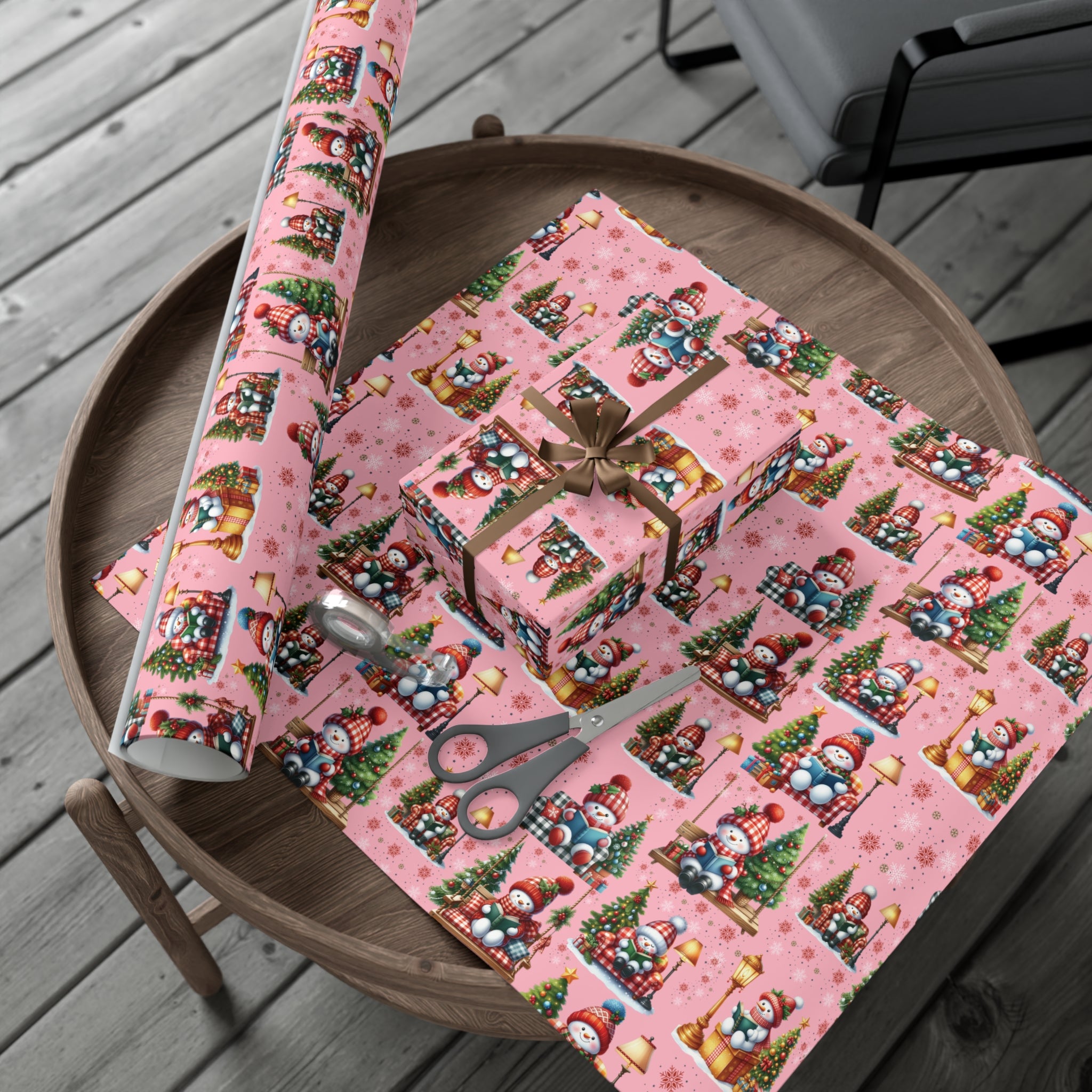 Pink Christmas Snowman Wrapping Paper with Adorable Pink Bows Perfect for Whimsical Christmas Gift Wrap | Festive Holiday Present Wrapping Sheets - MRSBYVALLE