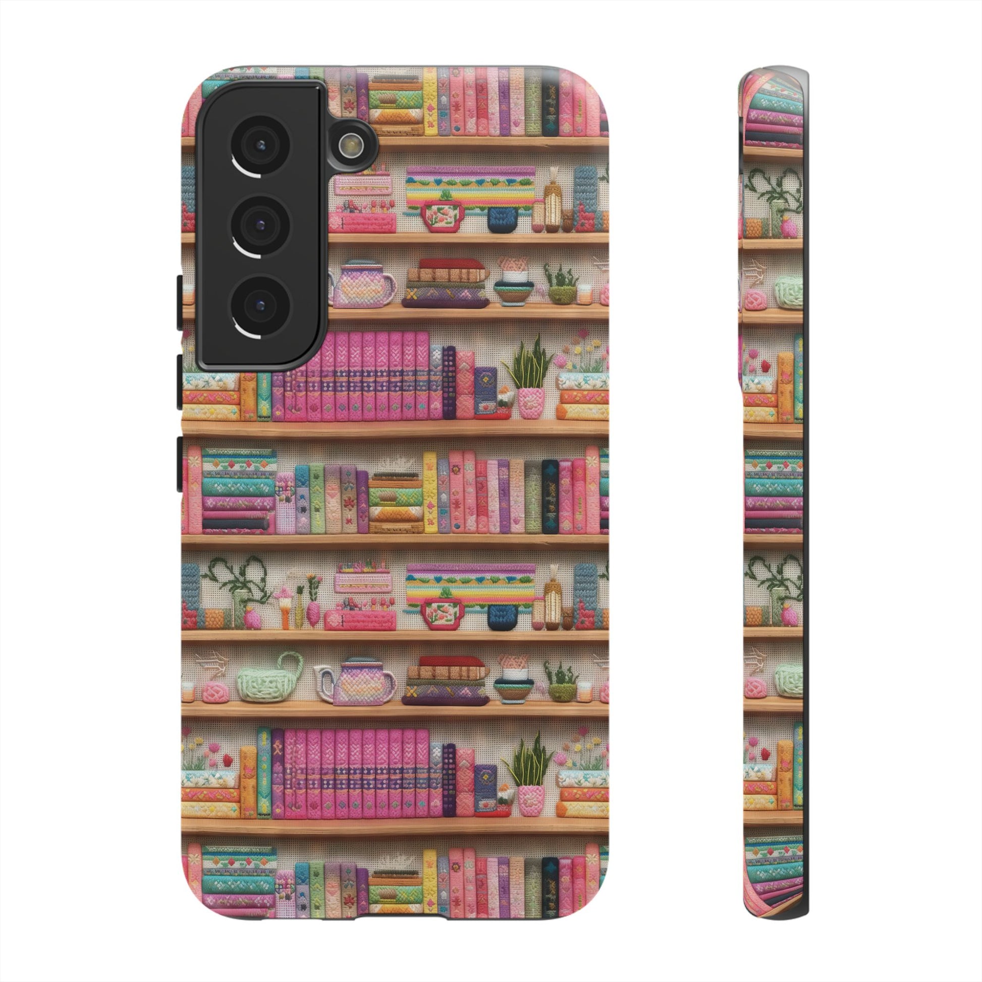 Whimsical 3D Embroidery Illusion Books on Pastel Shelves Phone Case for iPhone, Samsung & Pixel: Unique Accessory for Literary Enthusiasts Gift for Her Perfect for Floral Lover