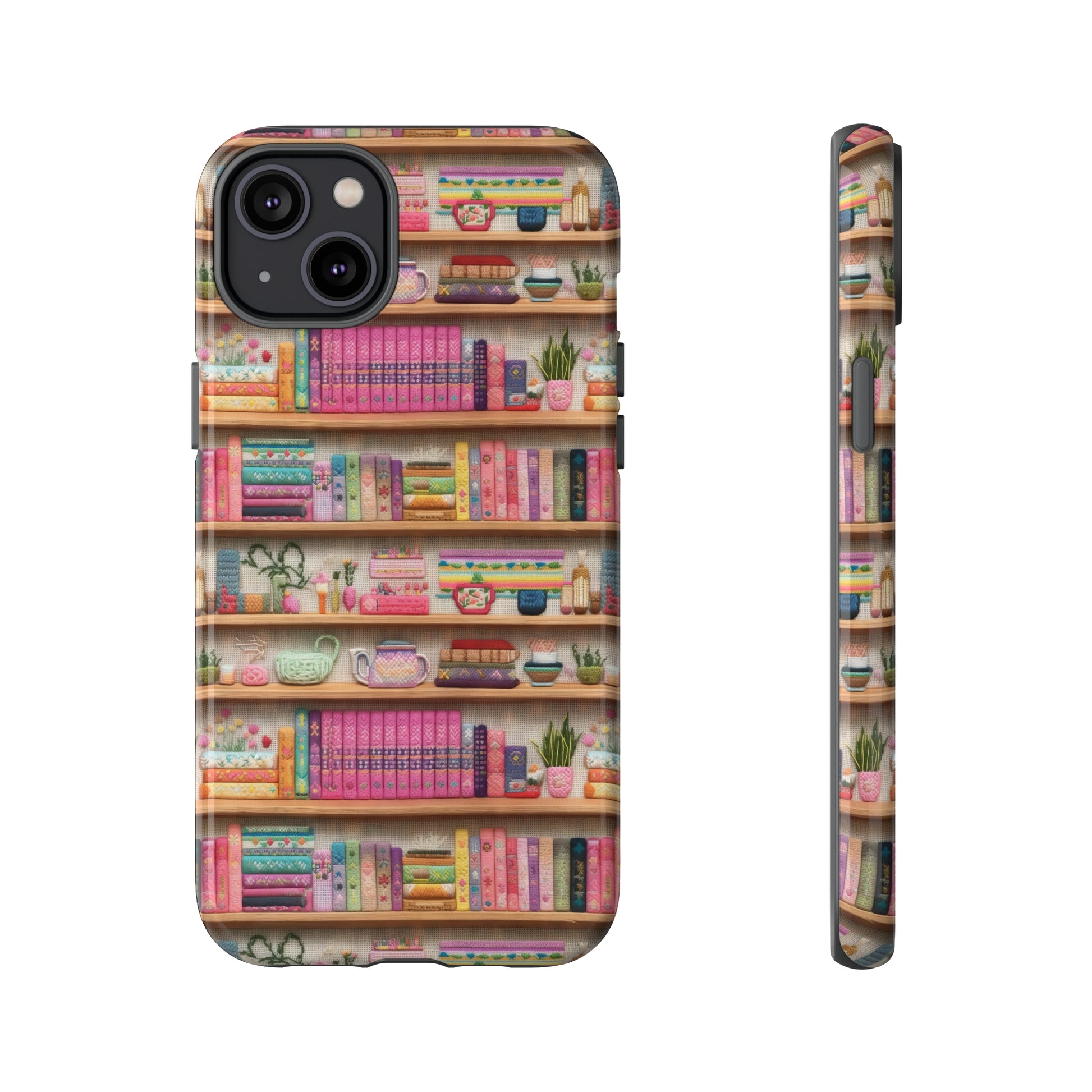 Phone Case 3D Illusion Books & Shelf Embroidery Design with Vibrant Colors Gift for Her Phone 15, Samsung iPhone Samsung Gift for Her Case iPhone 15, Samsung iPhone Samsung Accessory Gift for Her.