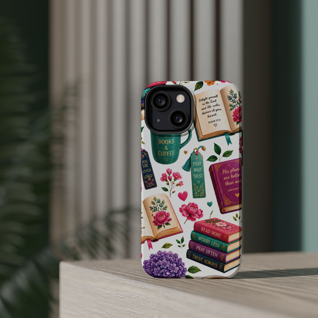 Christian Books & Coffee Phone Case — Magnetic Impact-Resistant Christian Gift