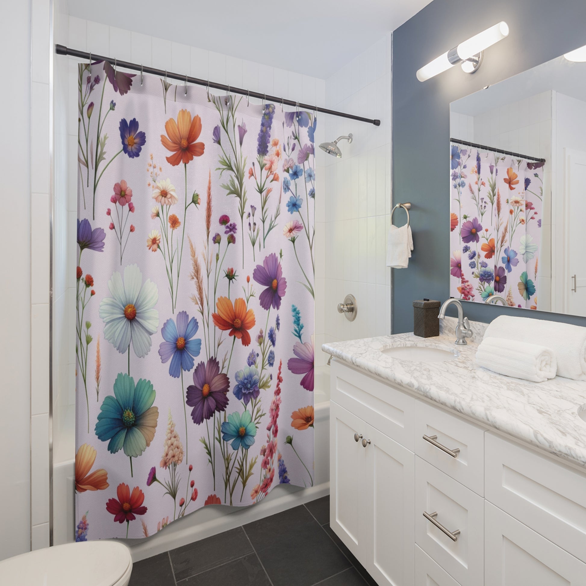Lavender Wildflowers Floral Shower Curtain Chic Nordic Botanical Art for Modern Bathroom Decor Perfect Bridal or Housewarming Gift Bathroom Makeover Housewarming Wedding Gift for Mom Bridal Shower Gift Newlywed.