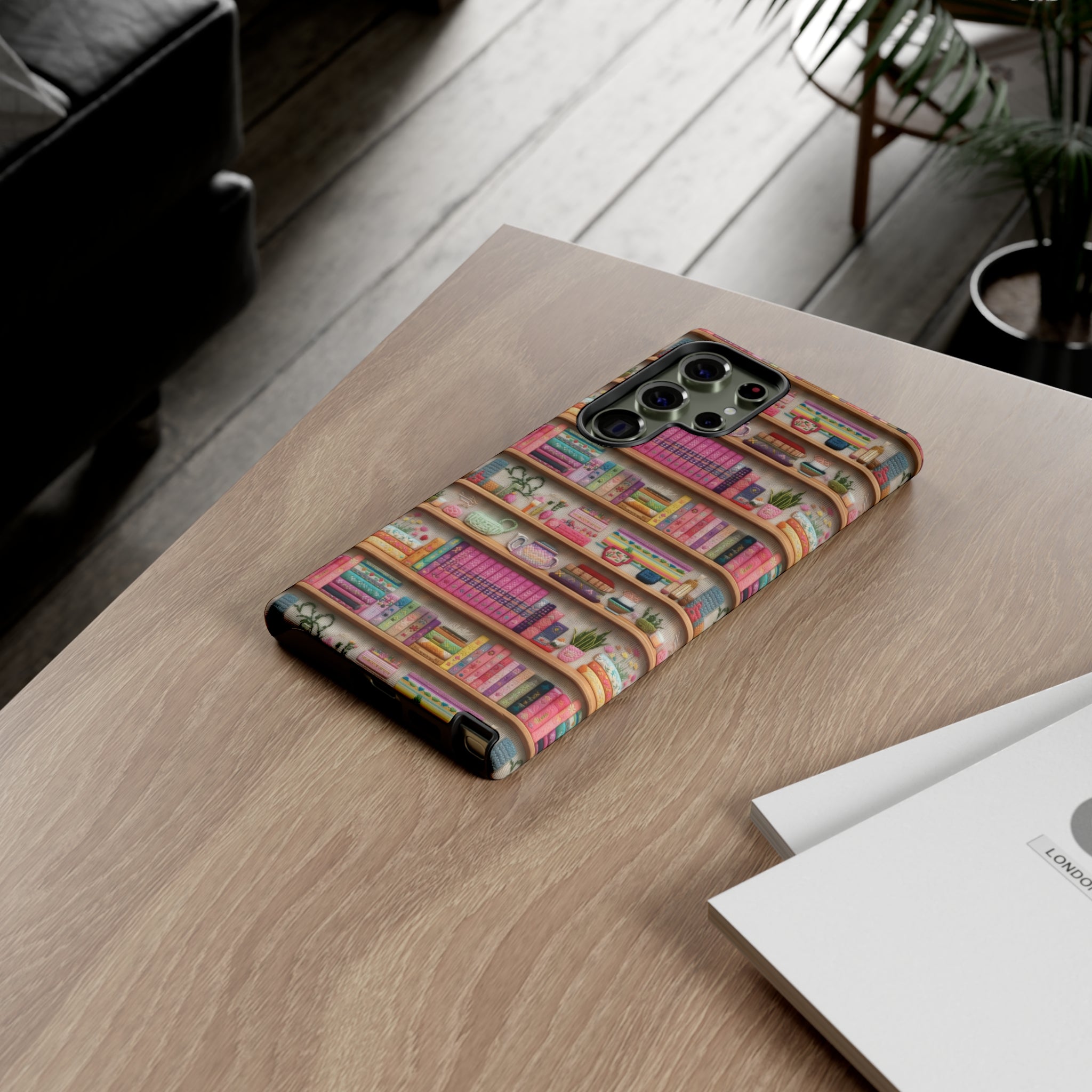 Phone Case 3D Illusion Books & Shelf Embroidery Design with Vibrant Colors Gift for Her Phone 15, Samsung iPhone Samsung Gift for Her Case iPhone 15, Samsung iPhone Samsung Accessory Gift for Her.