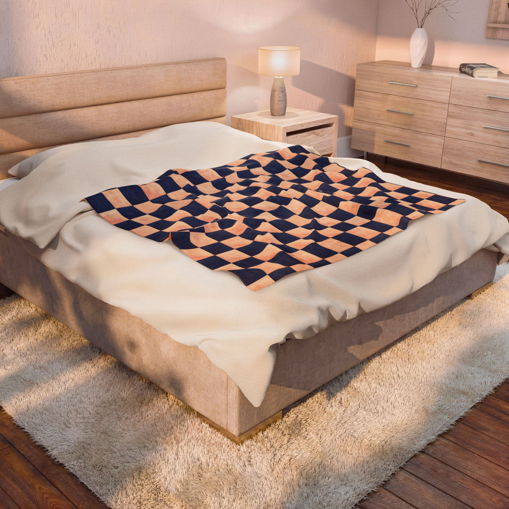 Couverture en peluche veloutée – Plaid confortable à carreaux bleu marine et pêche