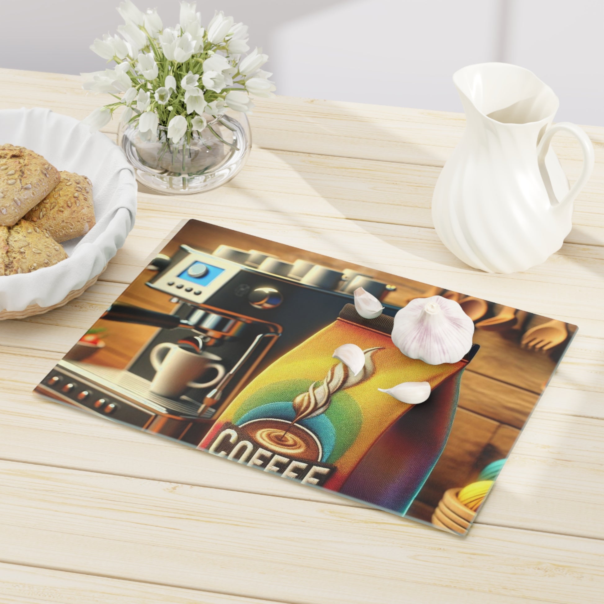 Bright Coffee Design Cutting Board Floral Tempered Glass Cutting Board Durable Kitchen Decor with Elegant Design, Housewarming, New House Gift - MRSBYVALLE